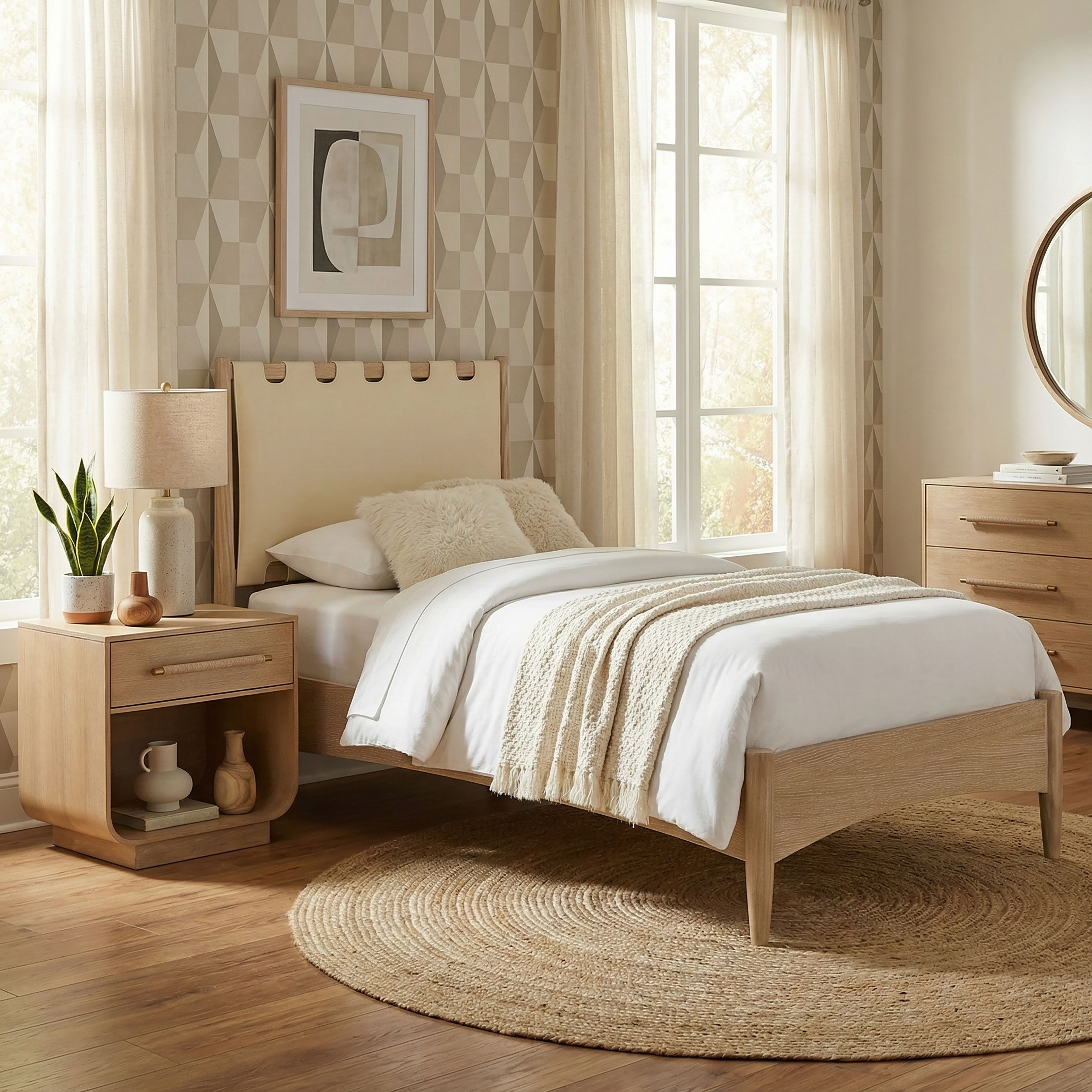 Santos - Vegan Leather Headboard And Wood Twin Bed - Cream