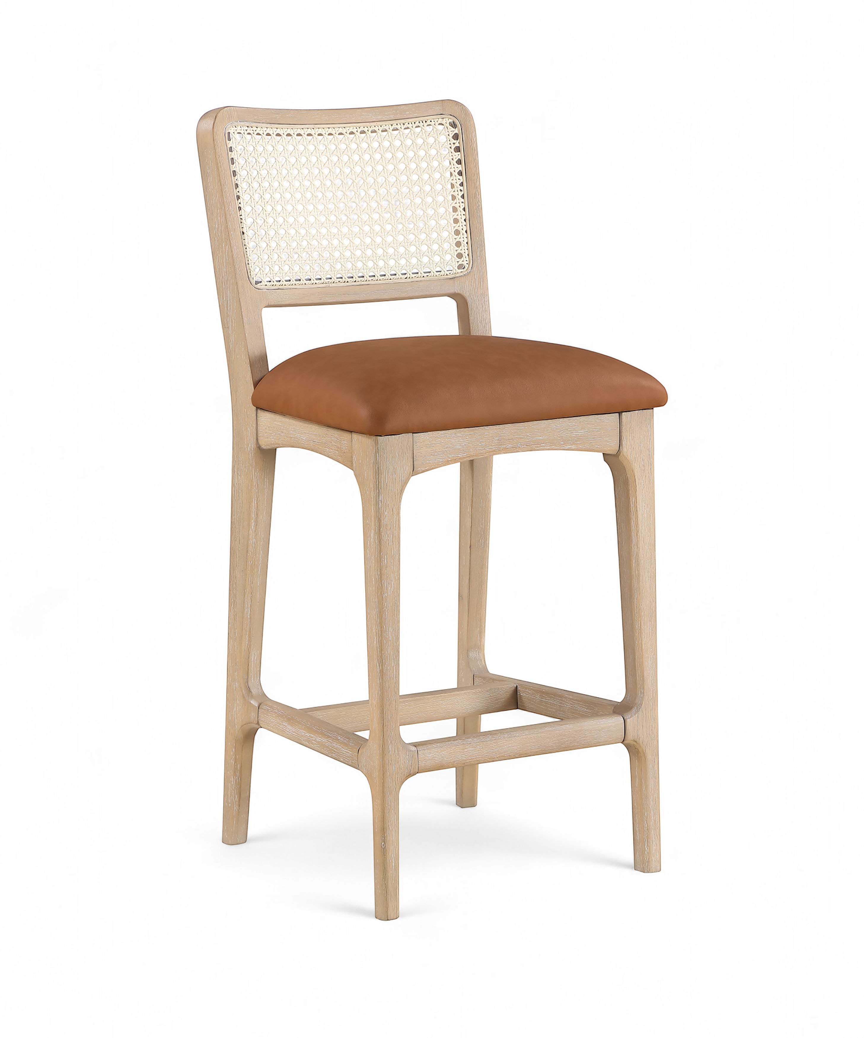 Atrium - Cane Back And Vegan Leather Upholstered Seat Counter Stool (Set of 2) - Cognac / Brushed Natural