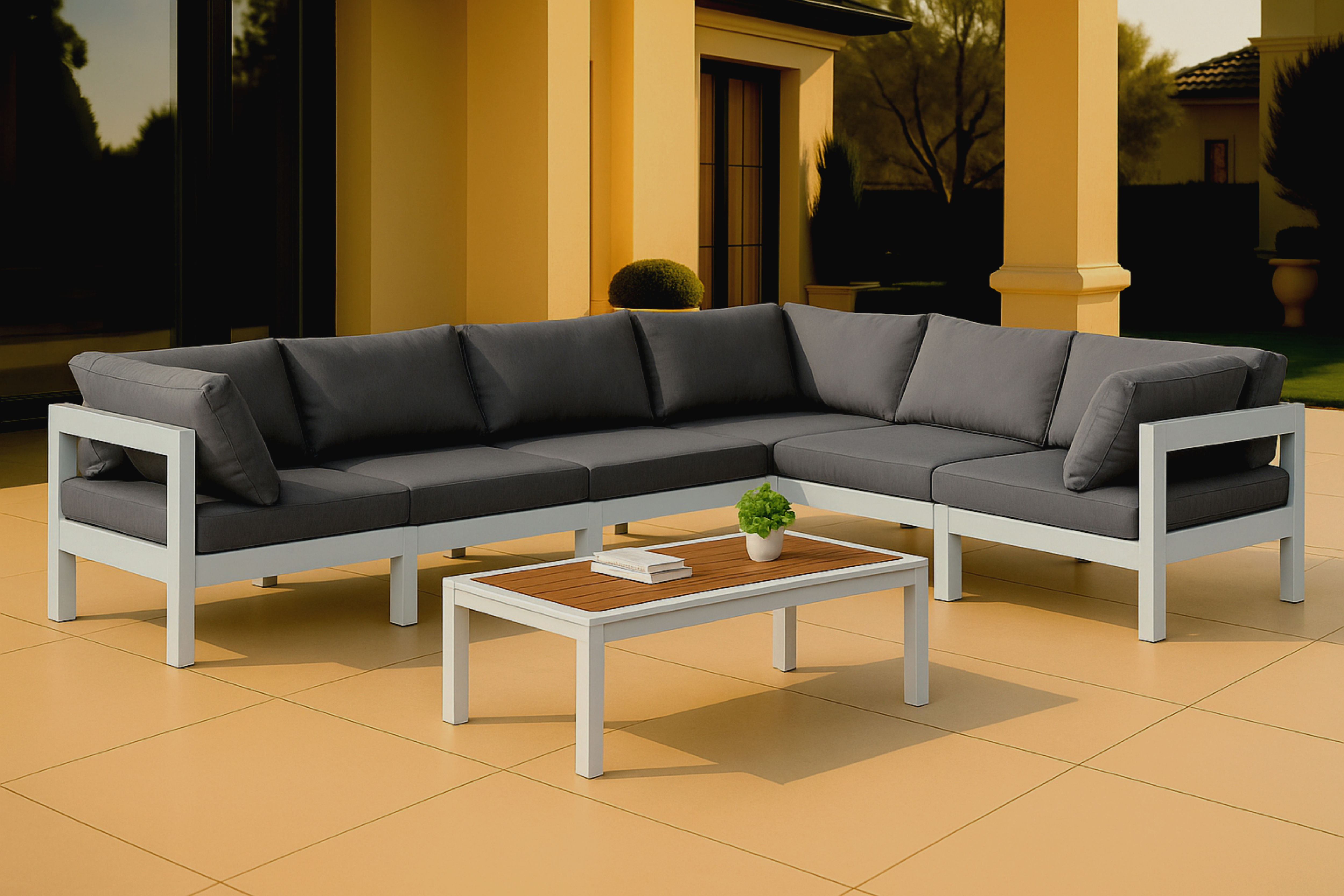Nizuc - Outdoor Patio 6 Piece Modular Sectional With White Frame - Gray