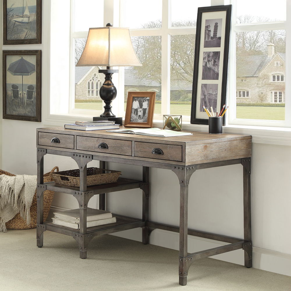 Gorden - Writing Desk - Weathered Oak & Antique Silver, dark brown