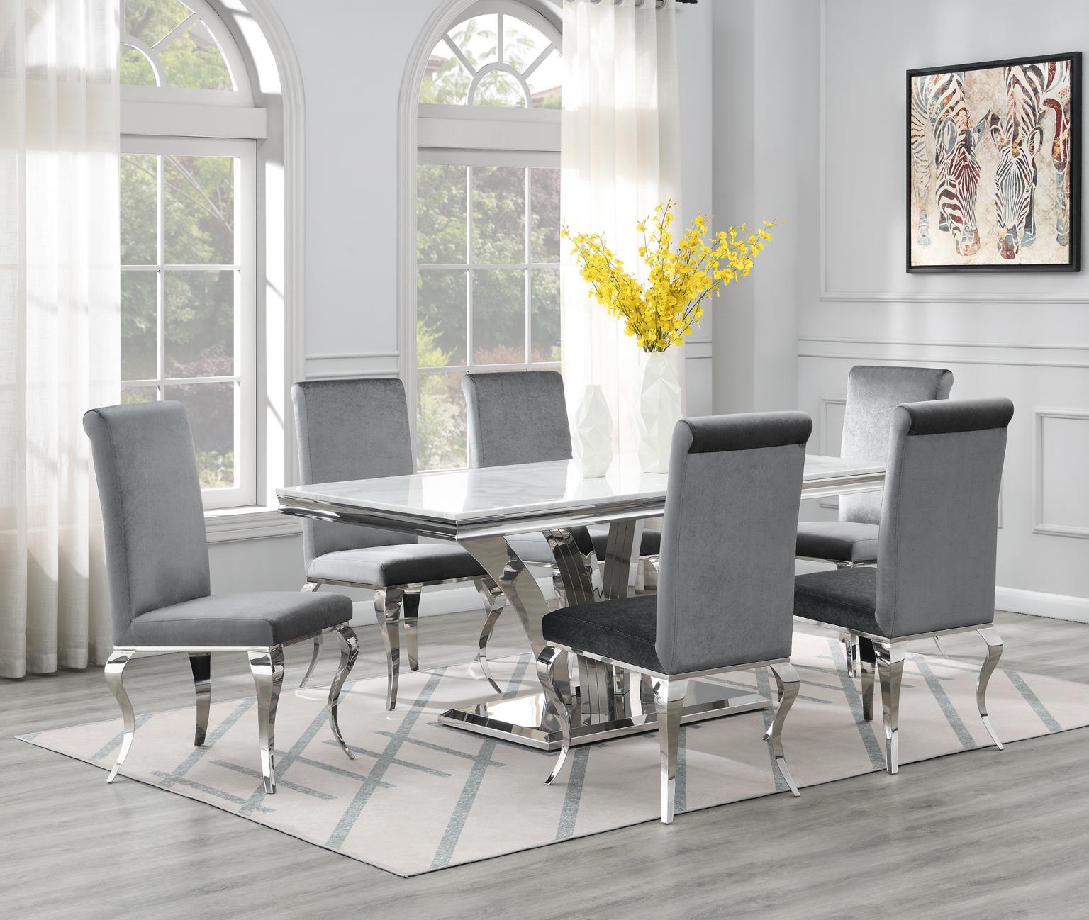 G-083-T-WHITE - 7 Piece Dining Room Set (Marble Table, 6 Velvet Chairs) - Gray