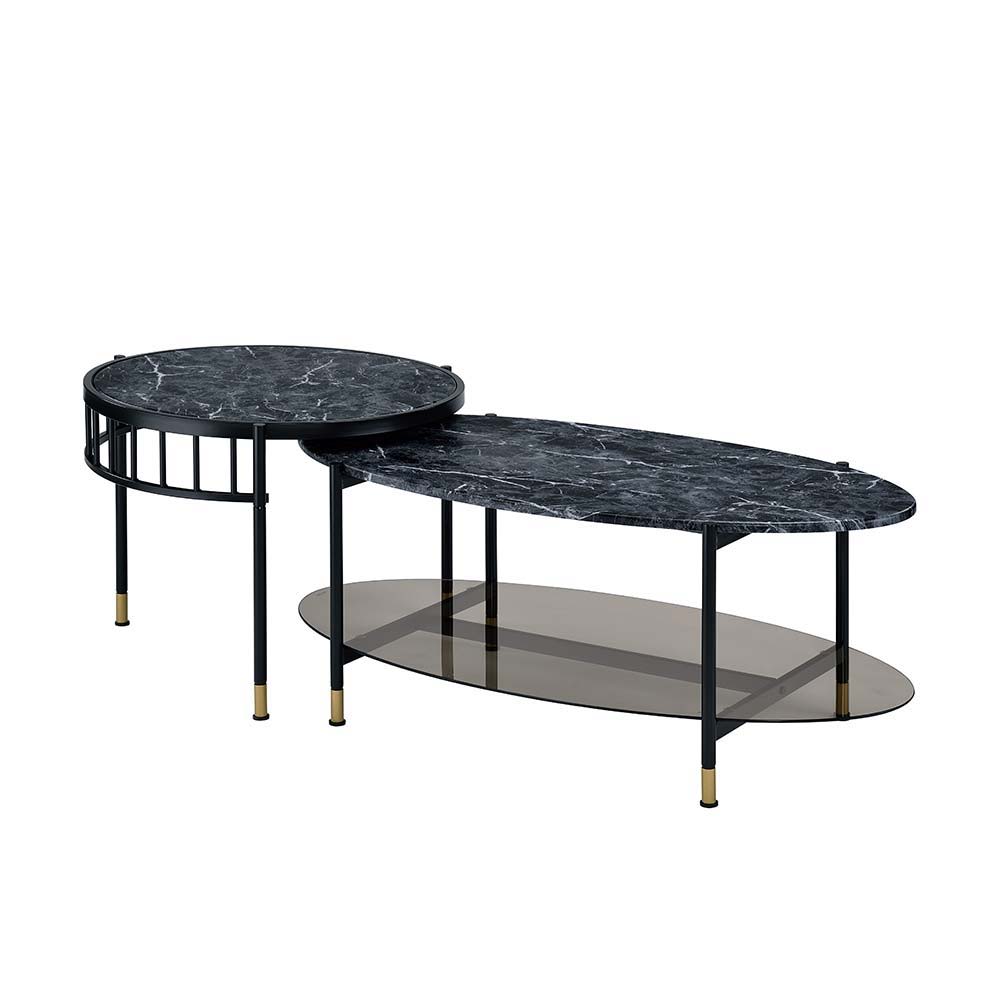 Silas - Nesting Coffee Table Set - Faux Marble Top & Black, black, view 6