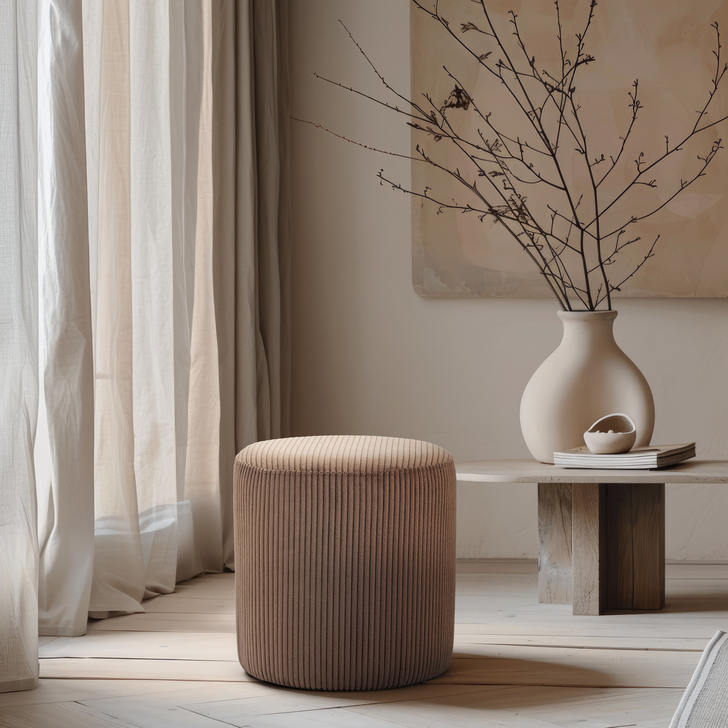 Roy - Round Microsuede Ottoman / Stool - Brown
