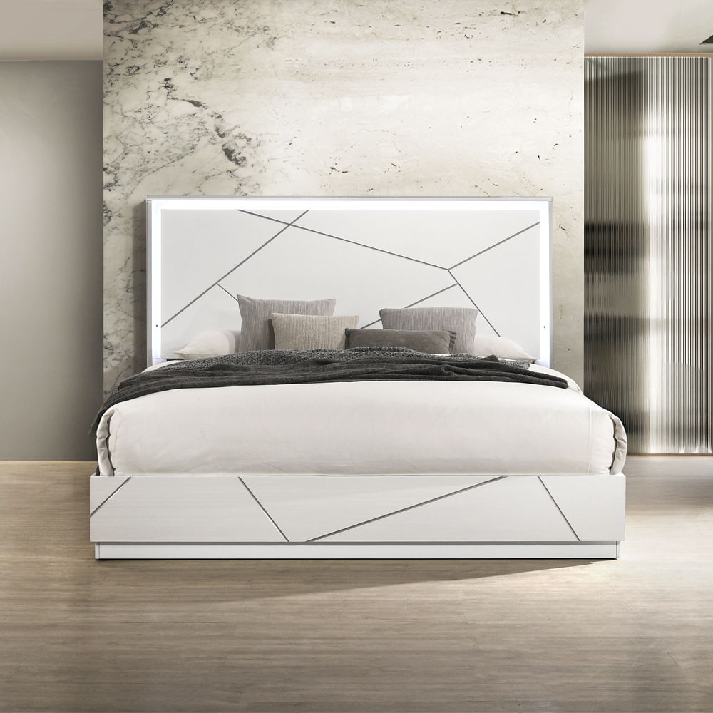 Esther - Queen Bed With LED - White / Silver, white