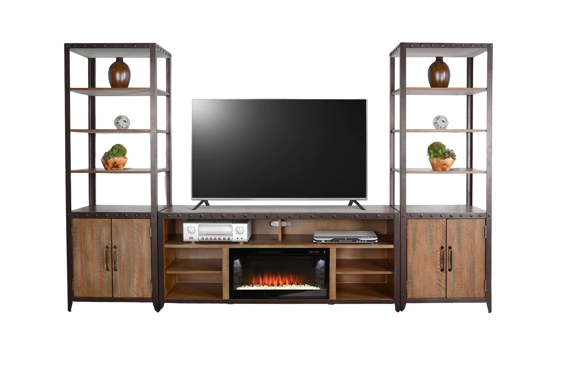111\" Media Wall With Electric Fireplace - Antique Brown Image