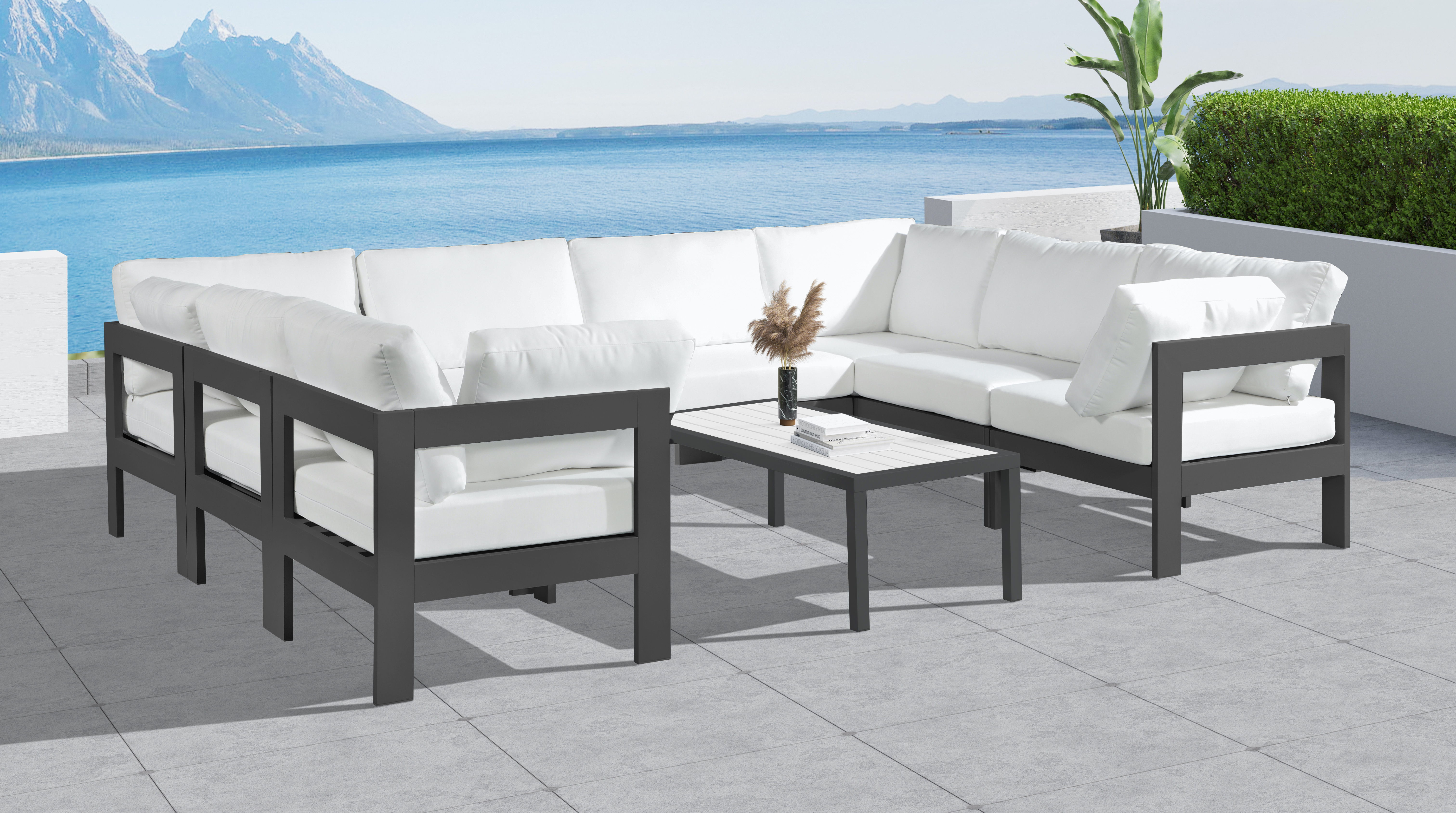 Nizuc - Outdoor Patio 8 Piece Modular U-Shaped Sectional With Gray Frame - White