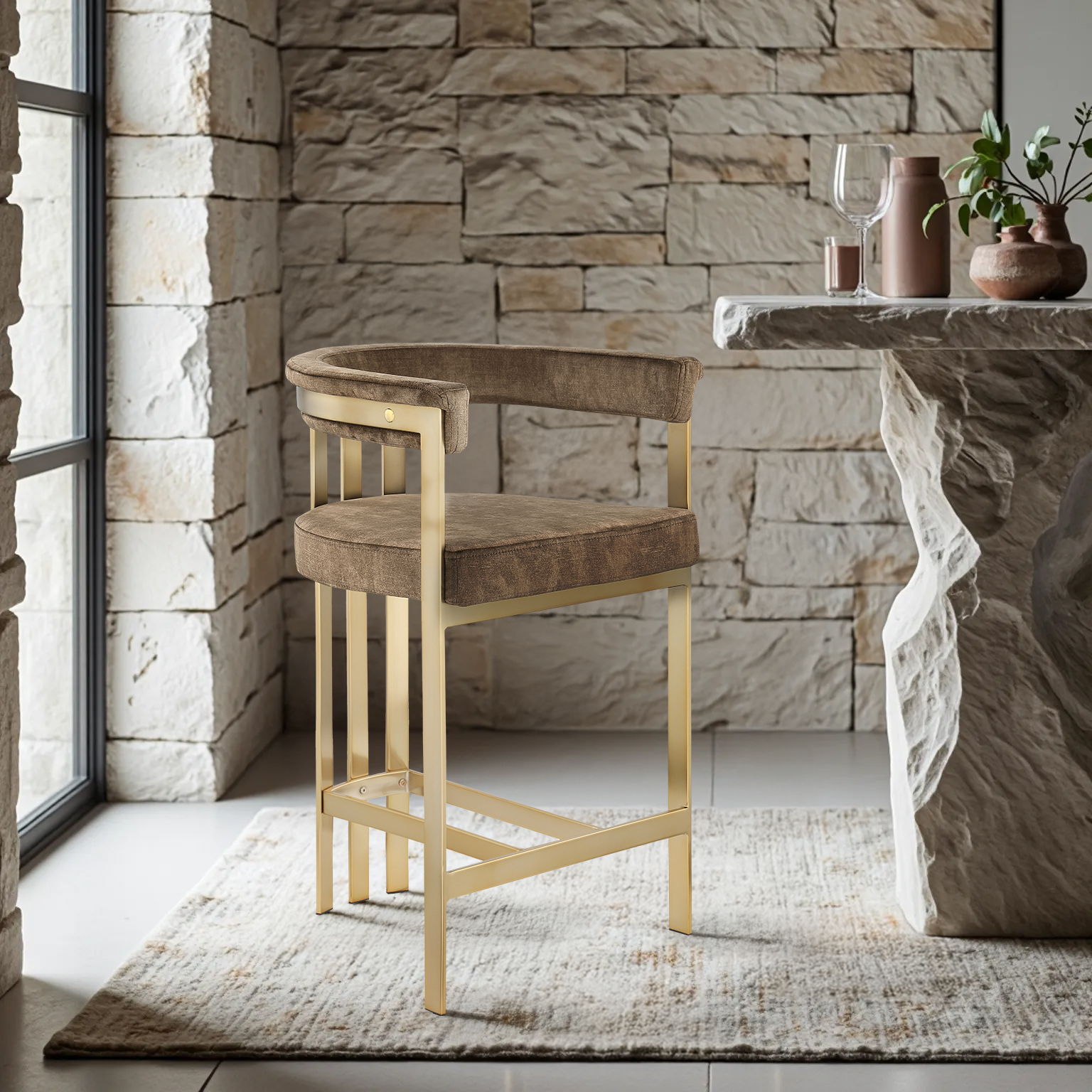 Marcello - Counter Stool With Brushed Gold Iron Frame (Set of 2) - Brown
