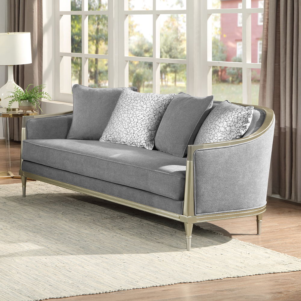 Fernando - Loveseat With 4 Pillows - Gray Chenille & Champagne, gray