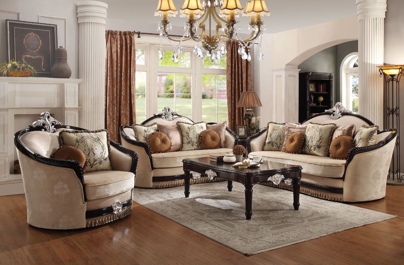 Ernestine - Sofa With 7 Pillows - Tan Fabric & Black, beige