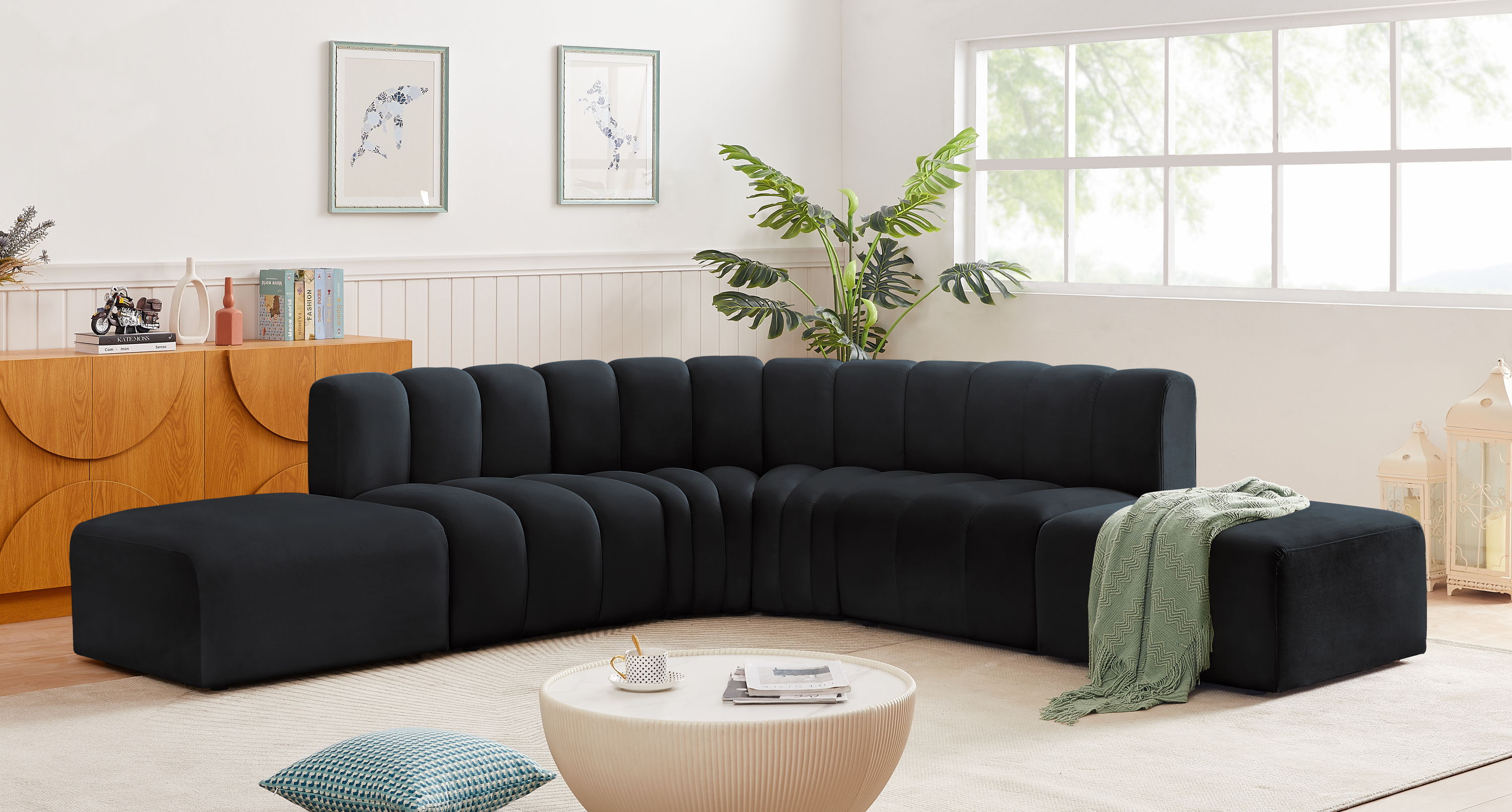 Arc - Velvet 6 Piece Corner Modular Sofa - Black