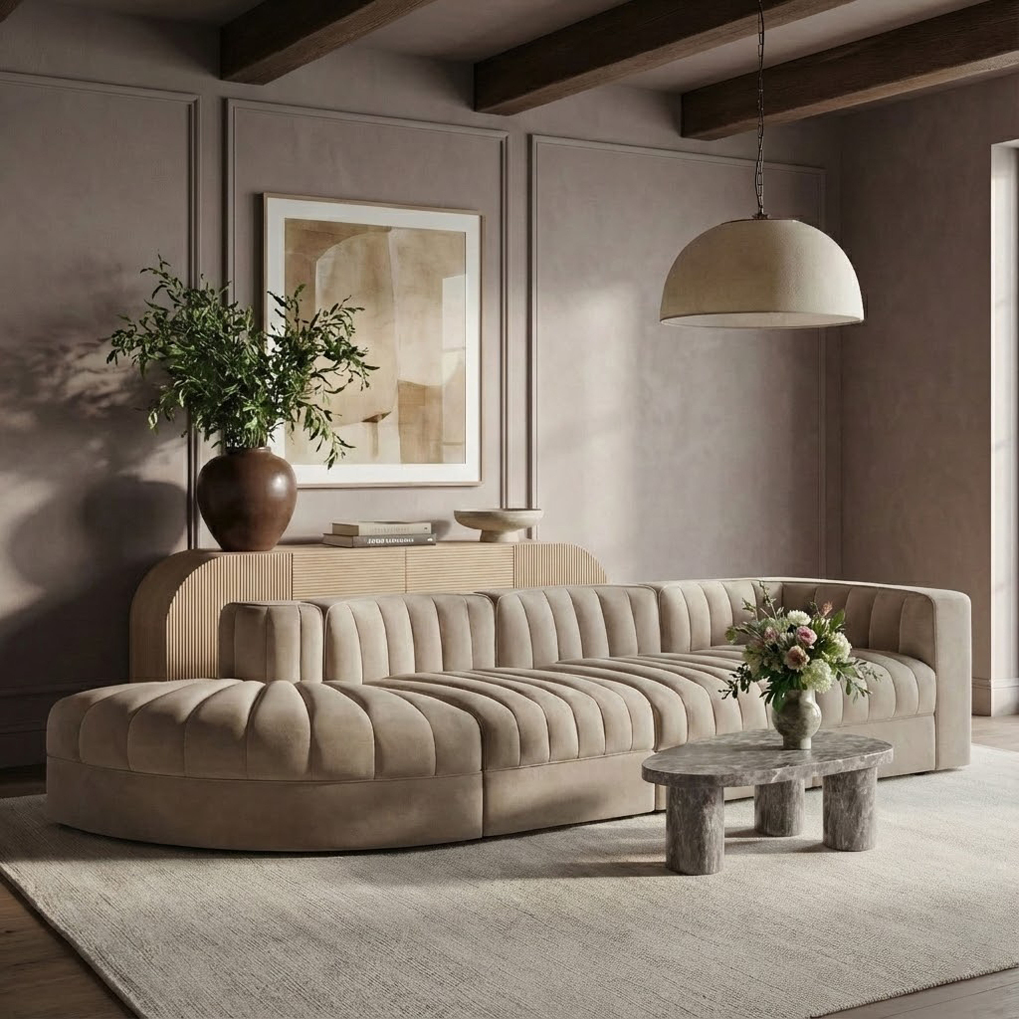 Rummi - Velvet Performance Fabric Upholstered 4 Piece Modular Sectional With Reverse Corner Chair - Beige