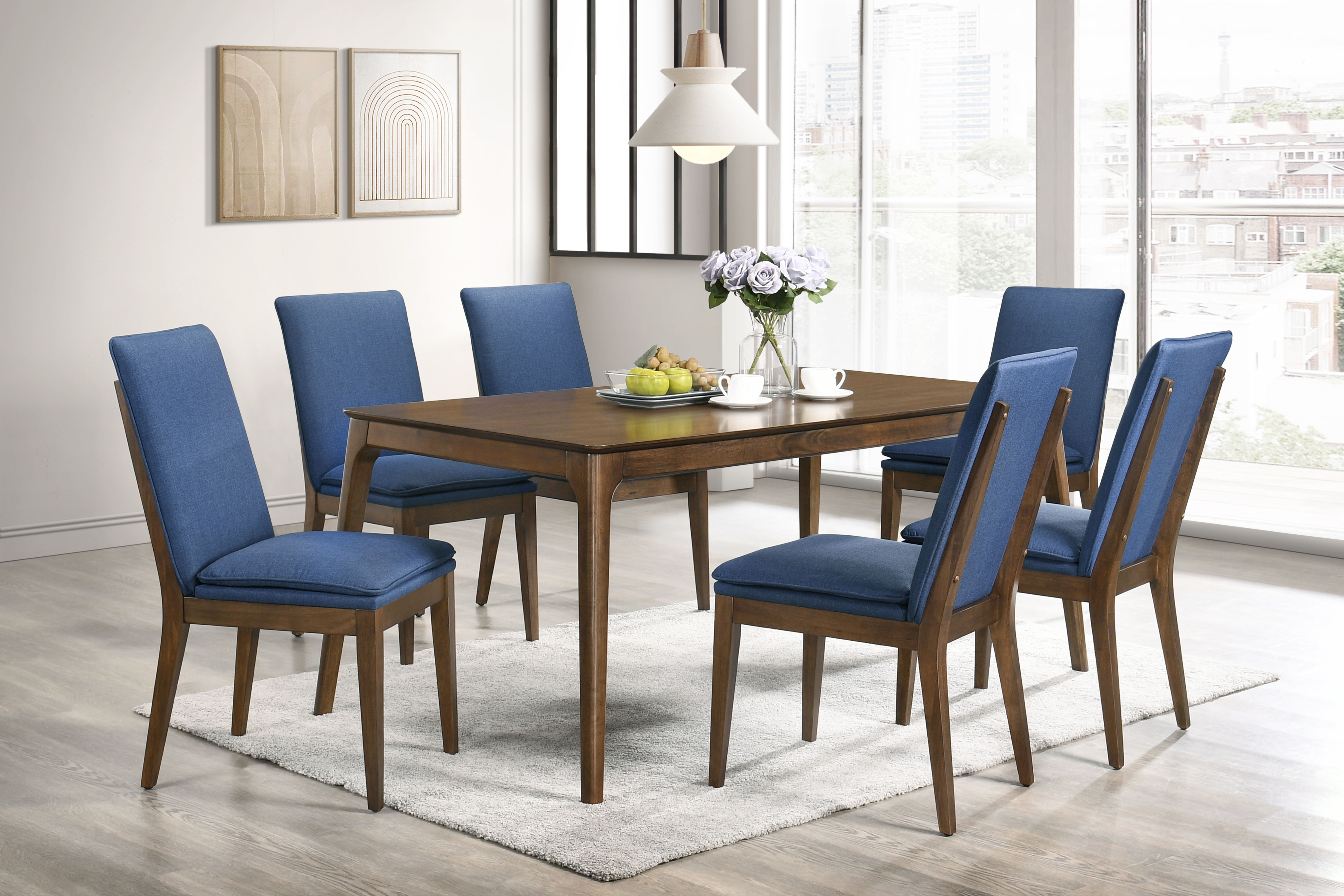 Maggie - Dining Table With 6 Blue Chairs - Dark Brown