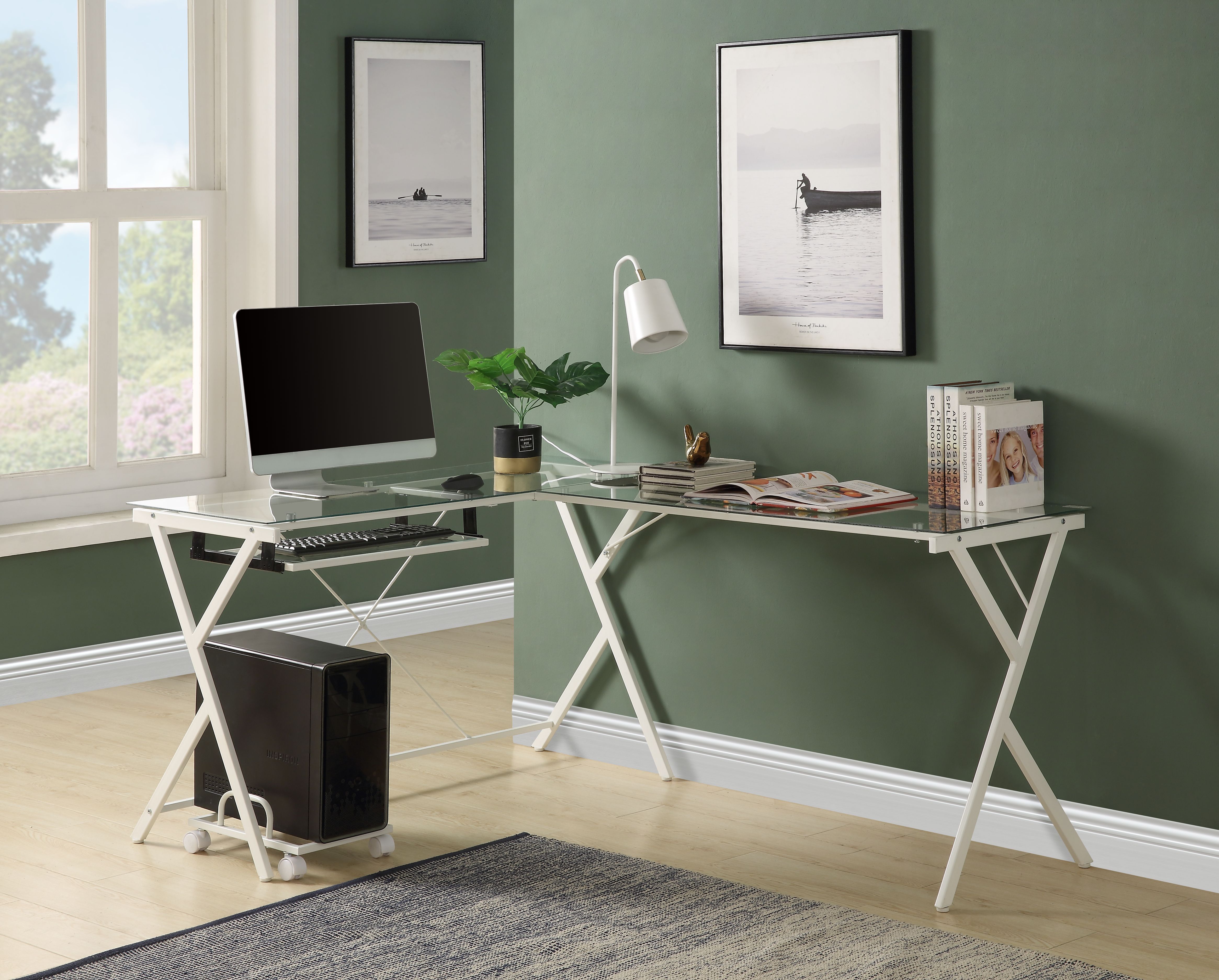 Dazenus - Computer Desk - Clear Glass Top & White, white, view 4