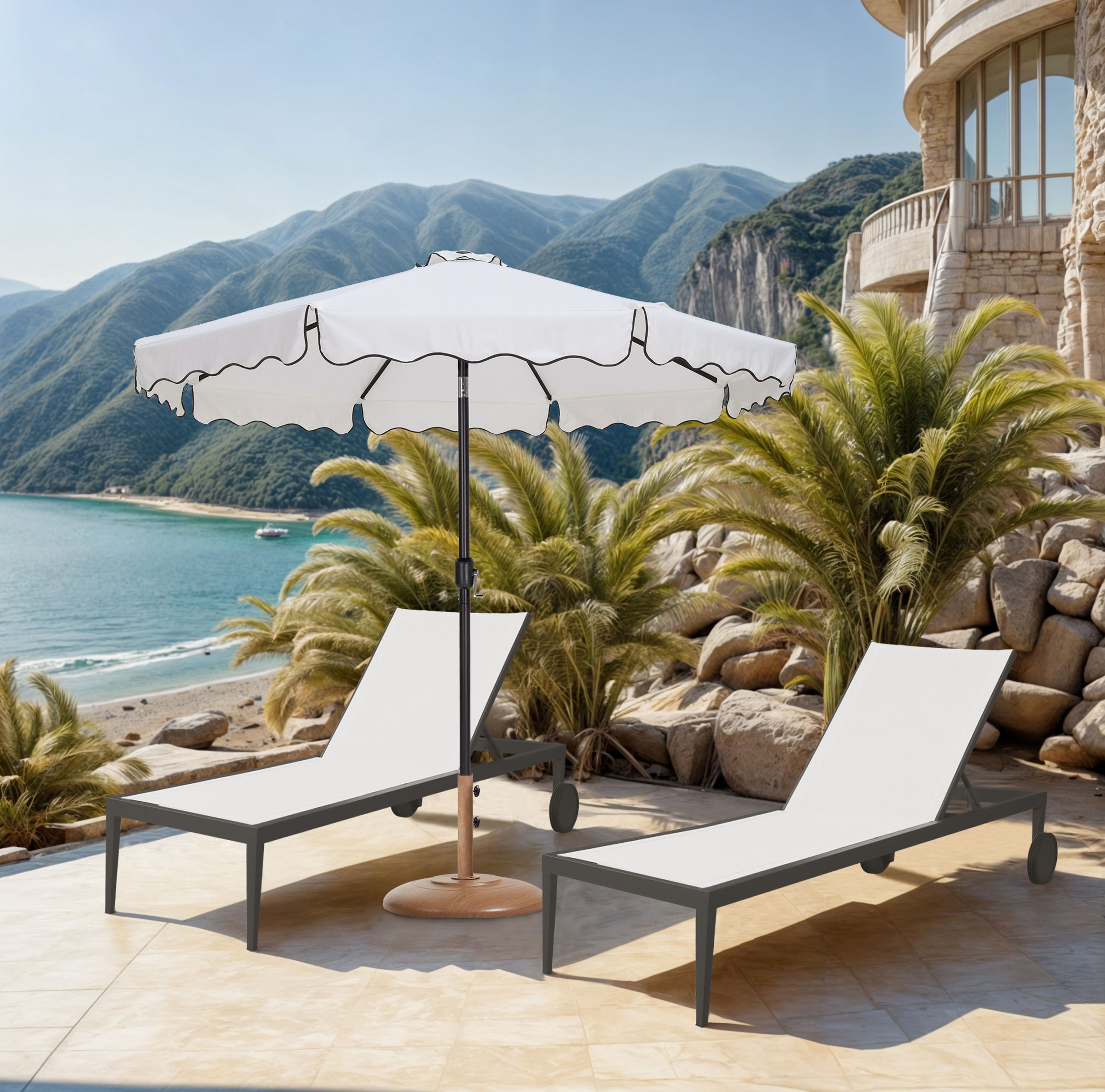 Amalfi - Aluminum Patio Umbrella with Base - White / Teak