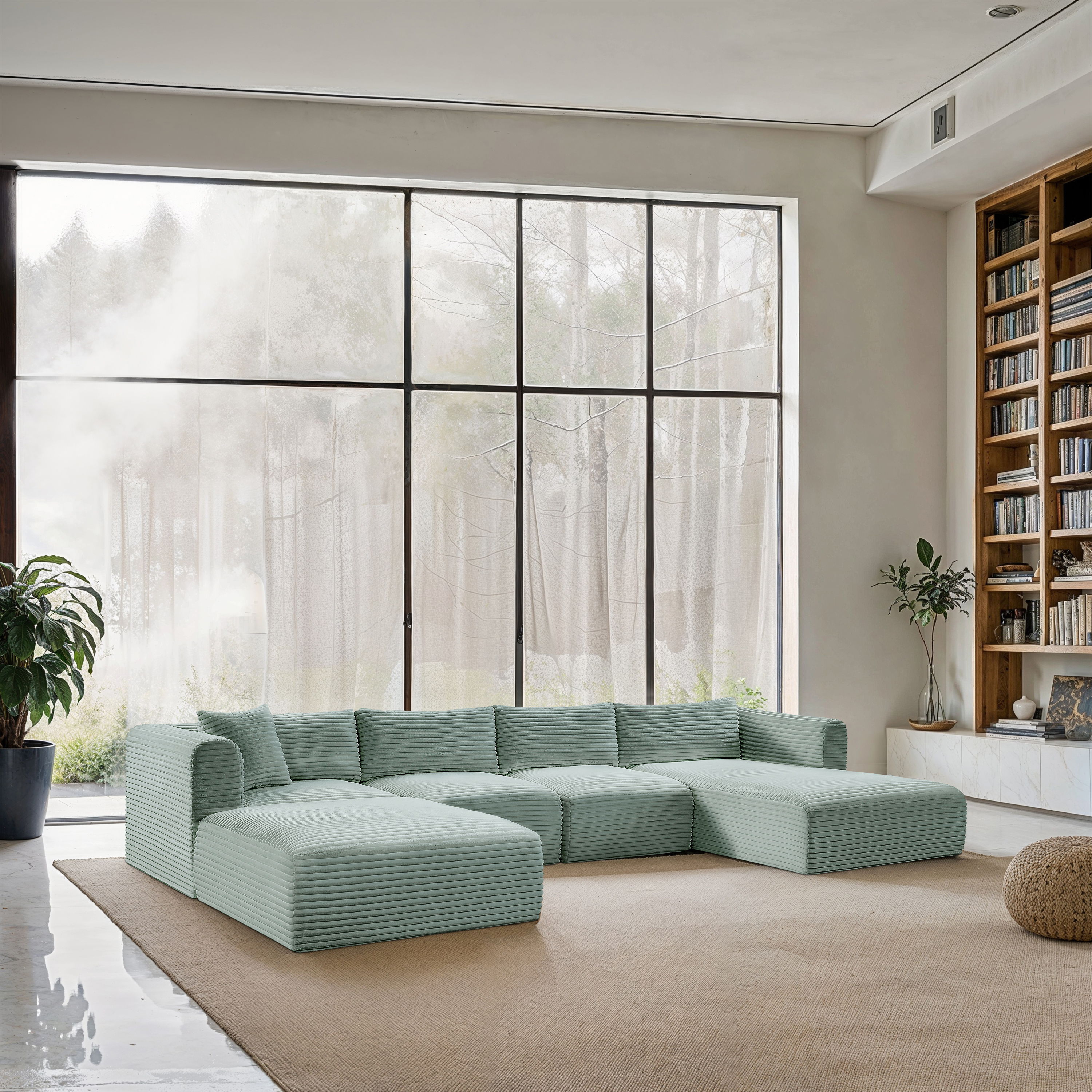 Shaggy - 5 Piece Modular Sectional With Chaise And Ottoman - Mint
