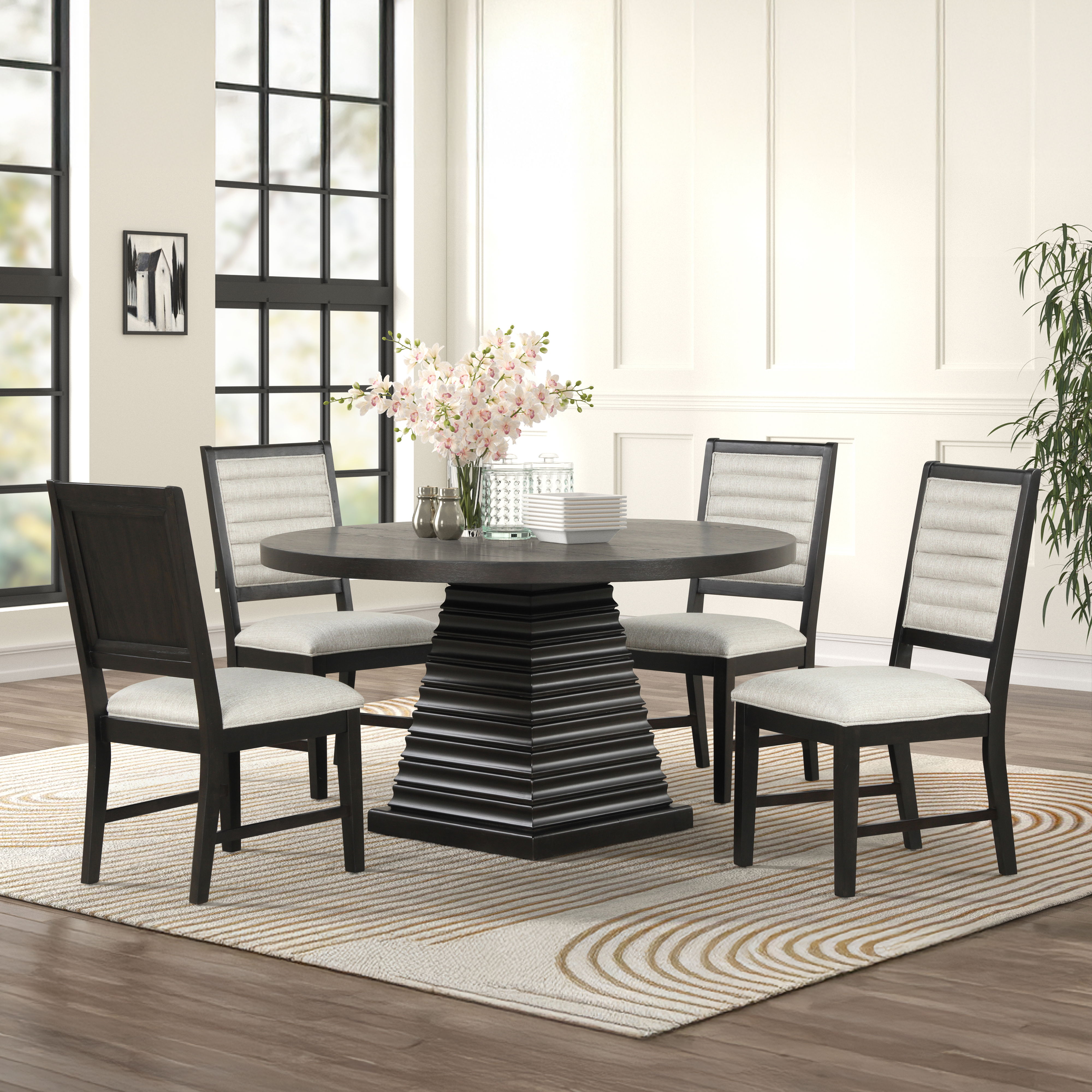 Plateau - 54" Round Dining Table And 4 Chairs - Dark Brown / Beige