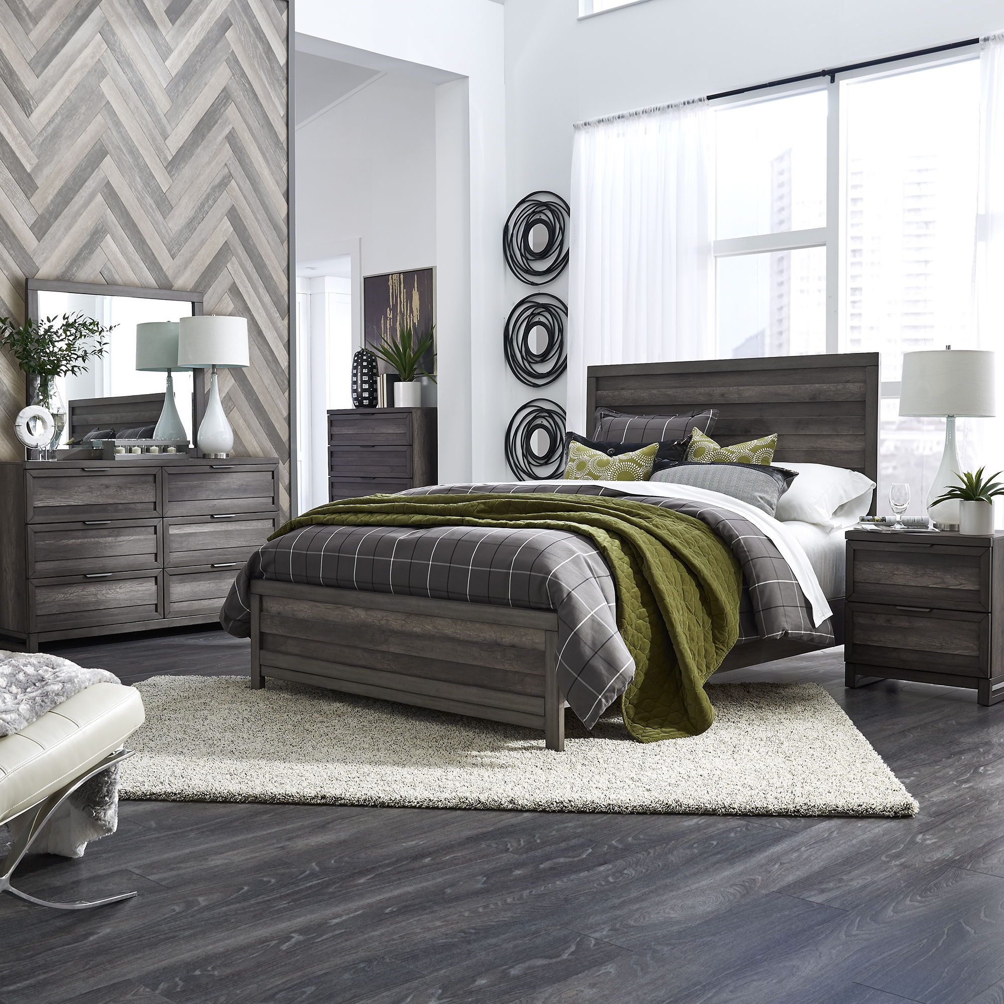 Liberty Furniture Tanners Creek - 5 Piece Bedroom Set (King Panel Bed, Dresser & Mirror, Chest, Nightstand) - Dark Gray
