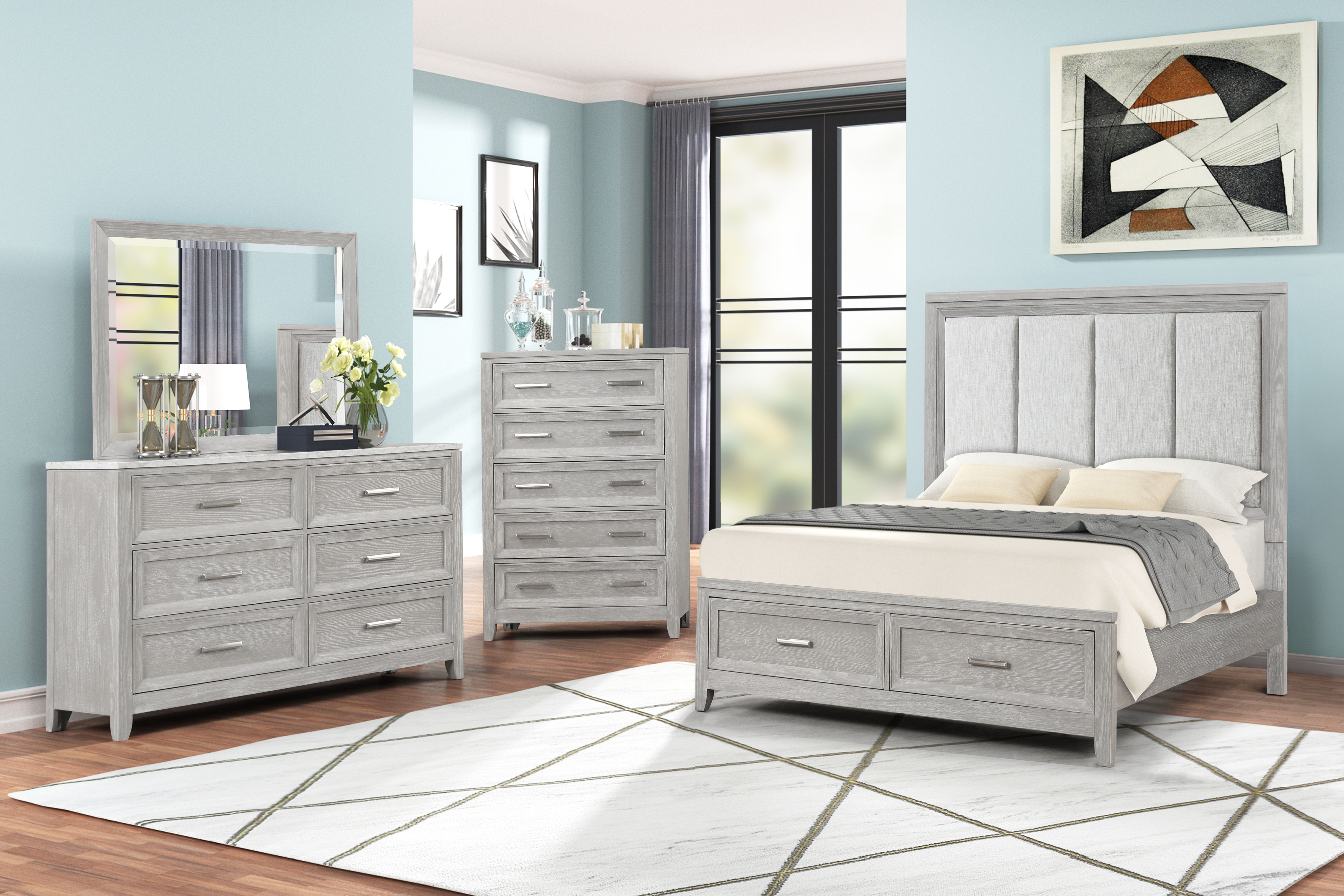 Fiona - 5/0 Queen 4 Piece Bedroom Set (Bed & Dresser & Mirror & Chest) - Gray