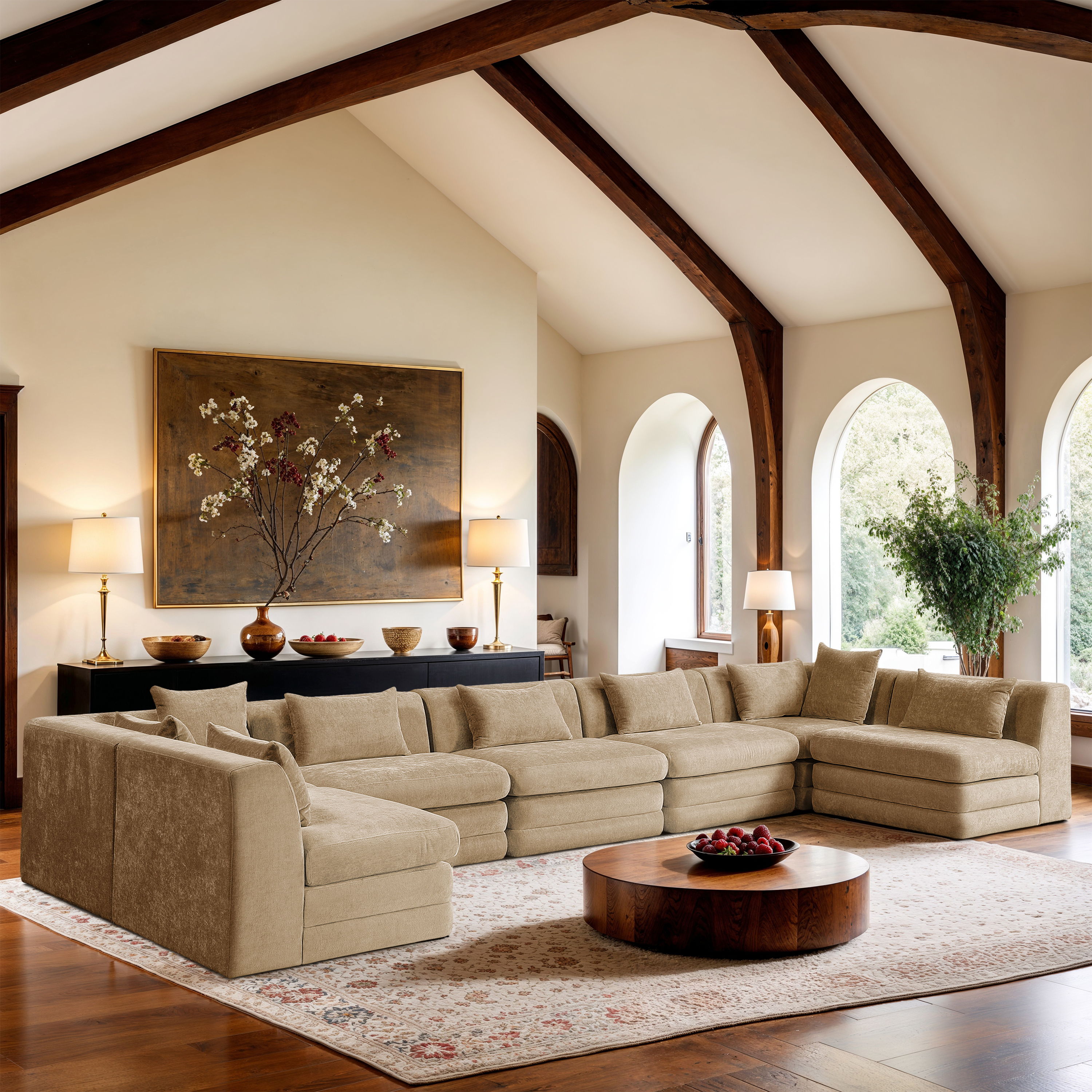 Stellar - 7 Piece Chenille Fabric 190" Upholstered Modular Sectional - Beige