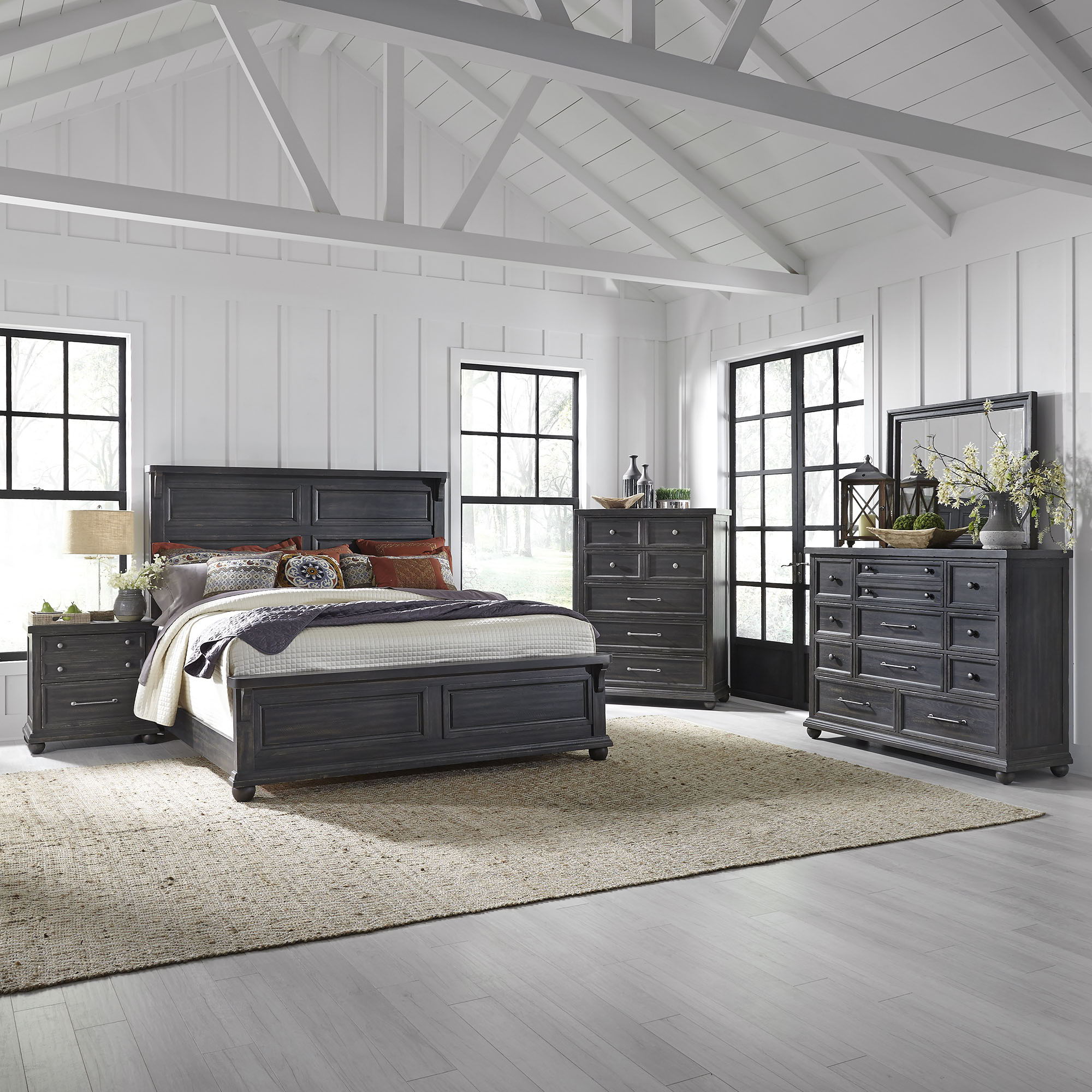 Liberty Furniture Harvest Home - King Panel Bed, Dresser & Mirror, Chest, Night Stand - Black