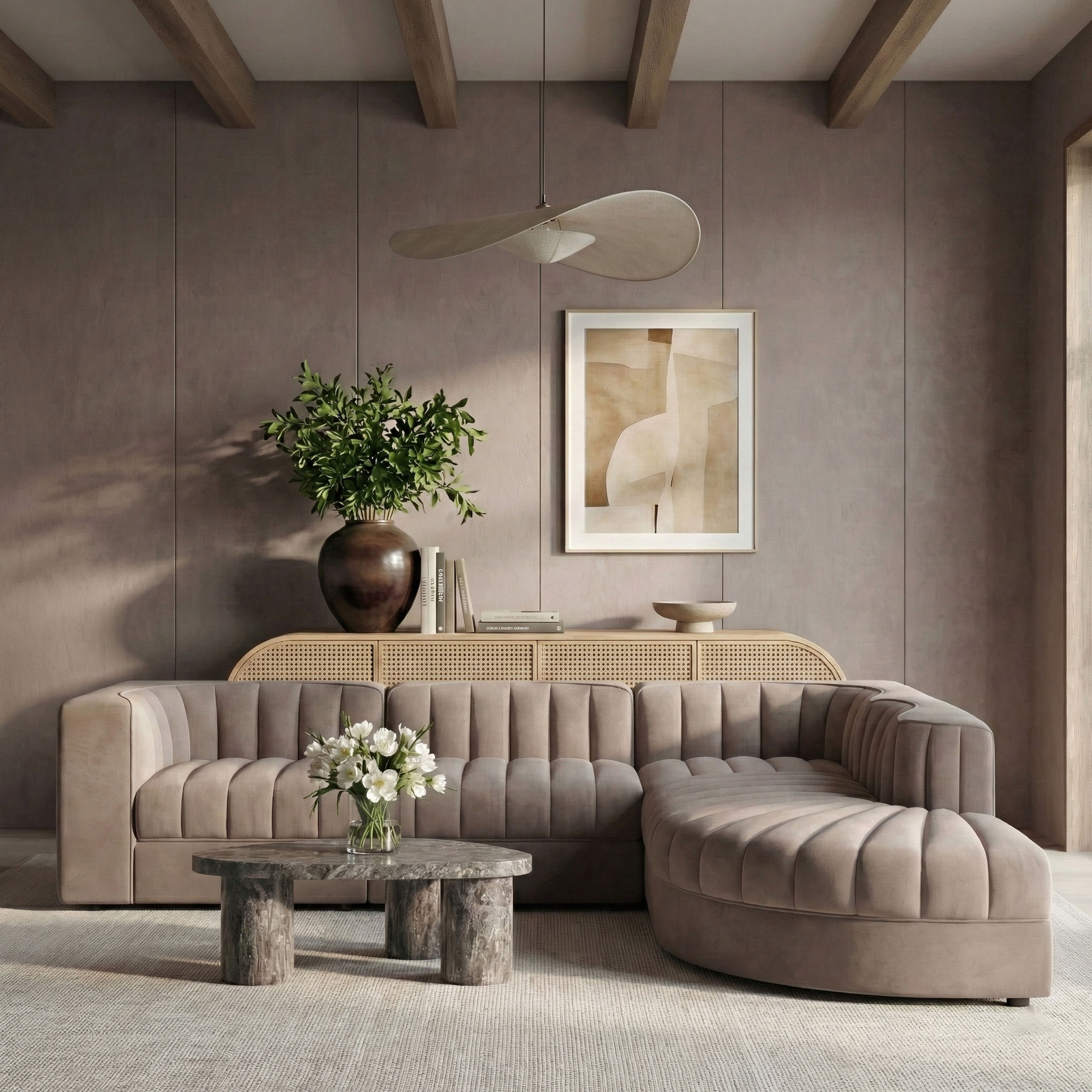 Rummi - Velvet Performance Fabric Upholstered 5 Piece Modular Sectional - Taupe