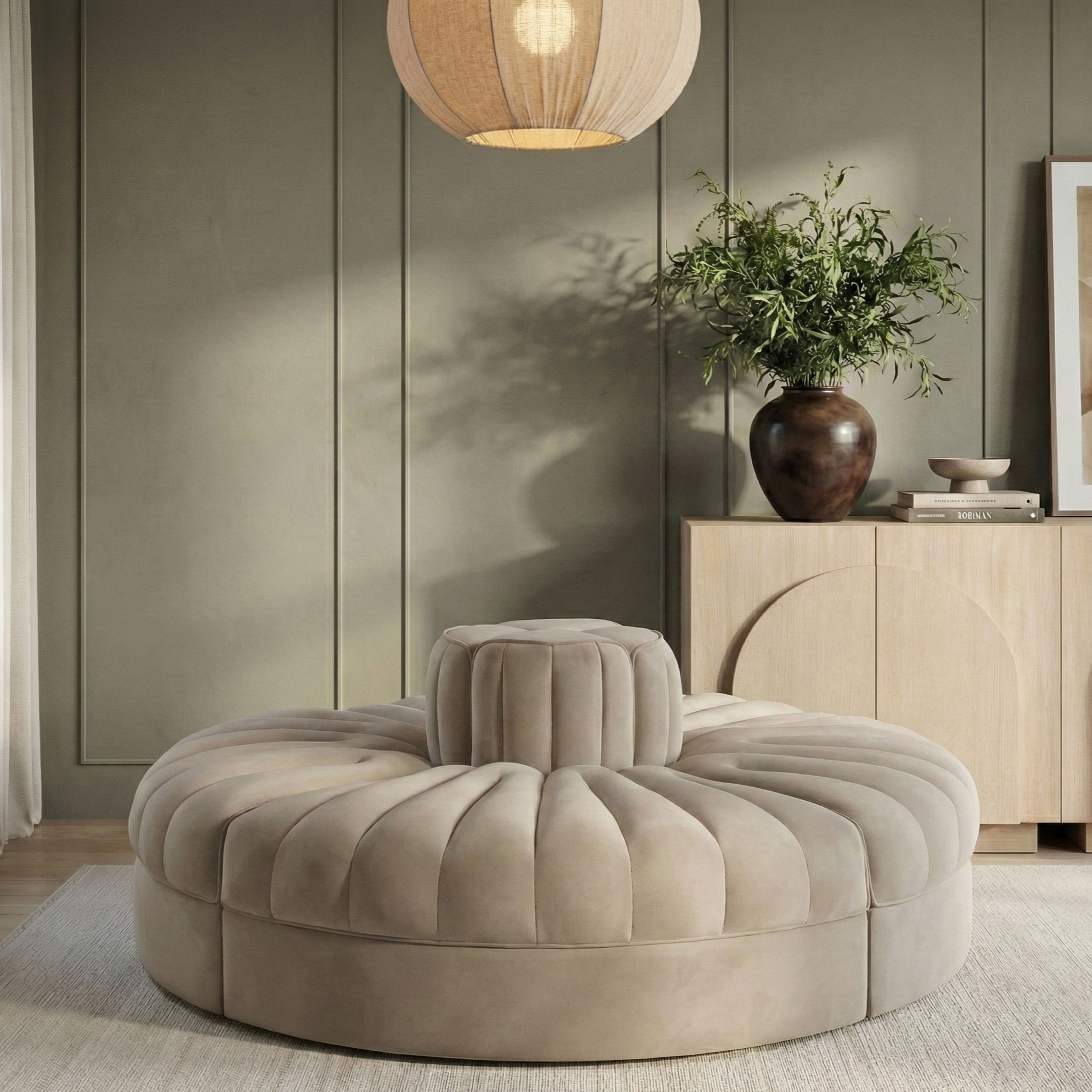 Rummi - Round Velvet Performance Fabric Upholstered 4 Piece Modular Sofa - Beige