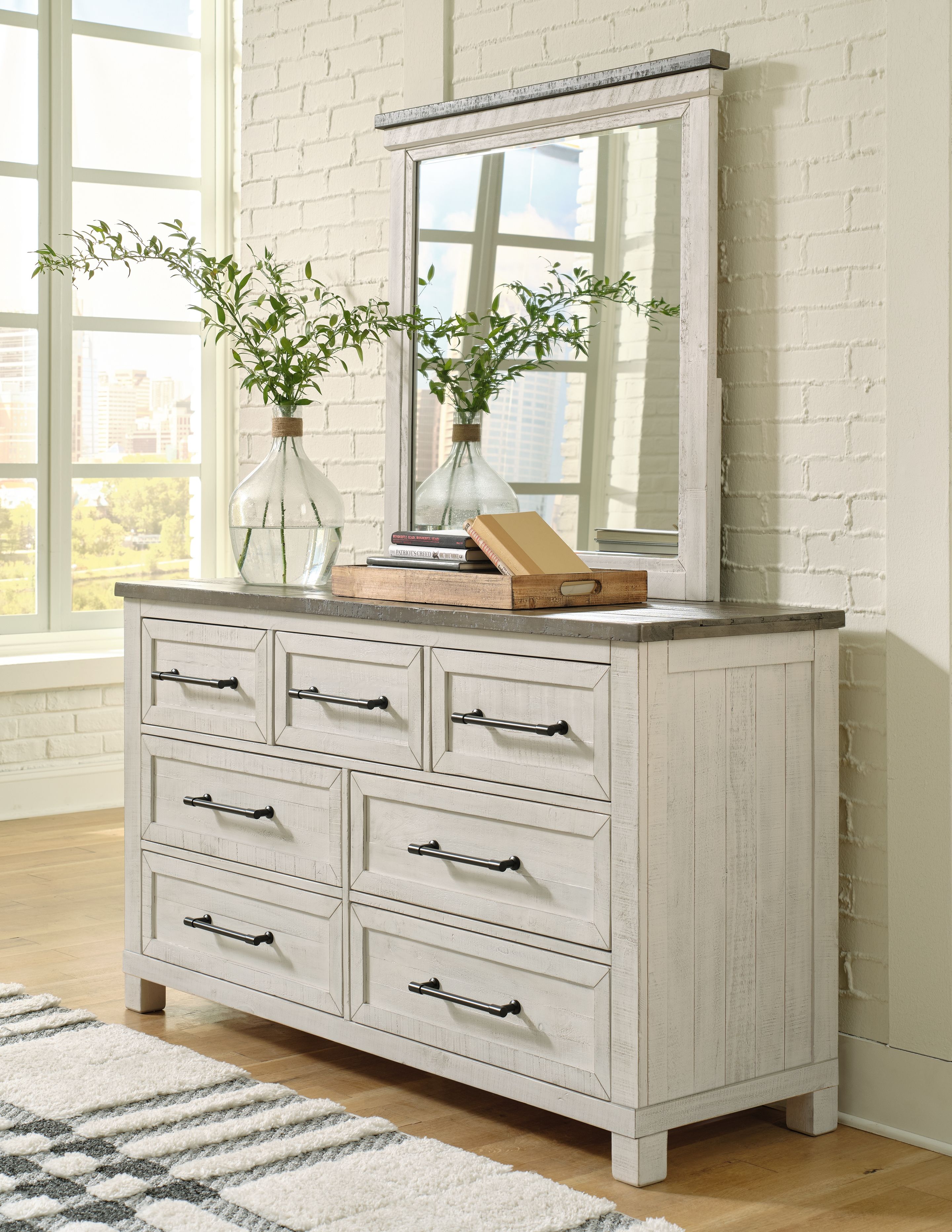 Brewgan Antique White Dresser, Mirror New Lots Furniture Online Store