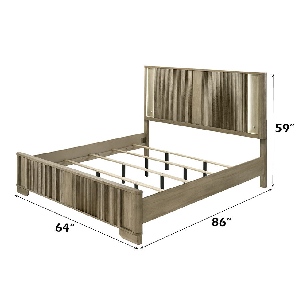Lakkari - Queen Bed With LED - Antique Oak, light brown, view 8