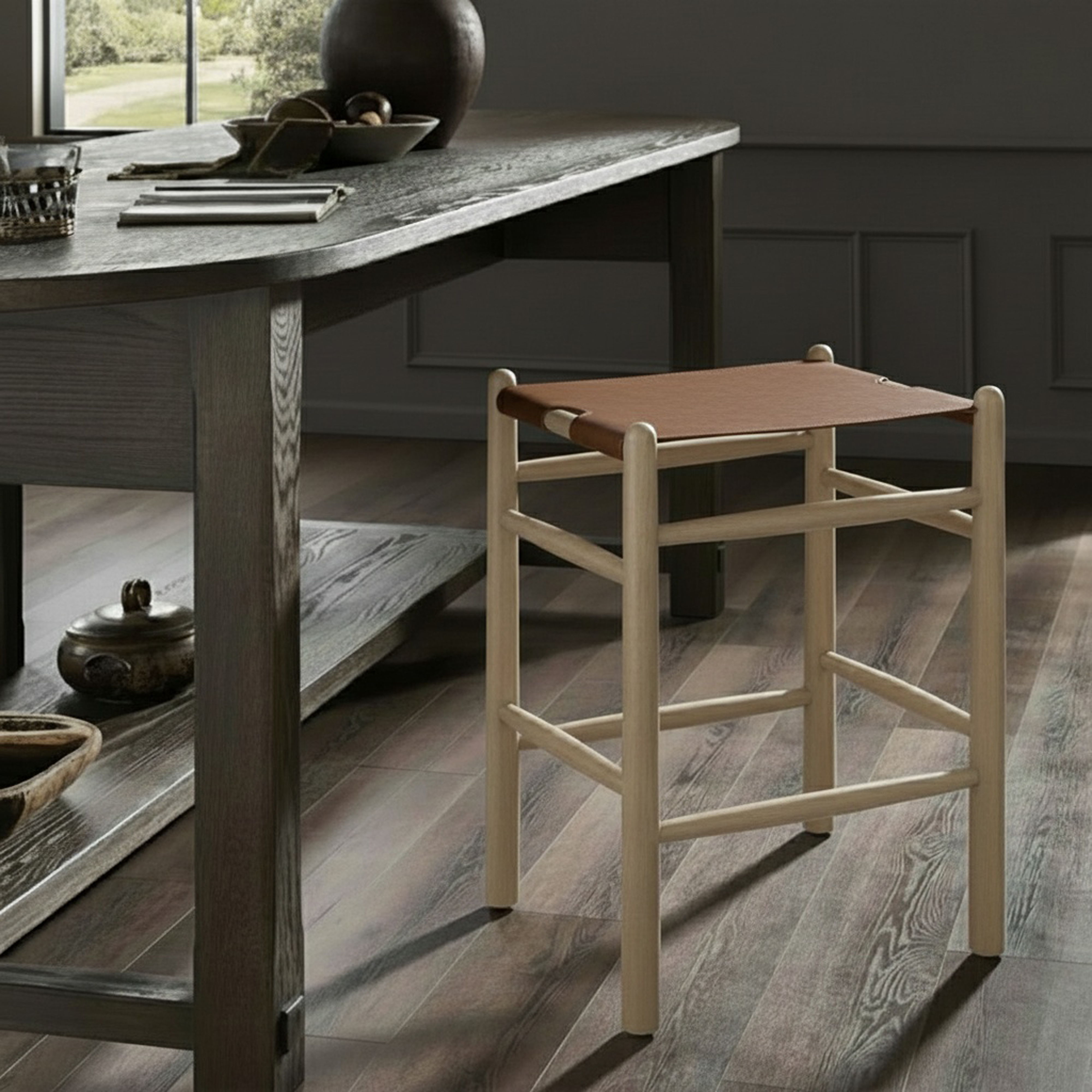 Santos - Vegan Leather Upholstered Backless Counter Stool - Brown / Stained Natural