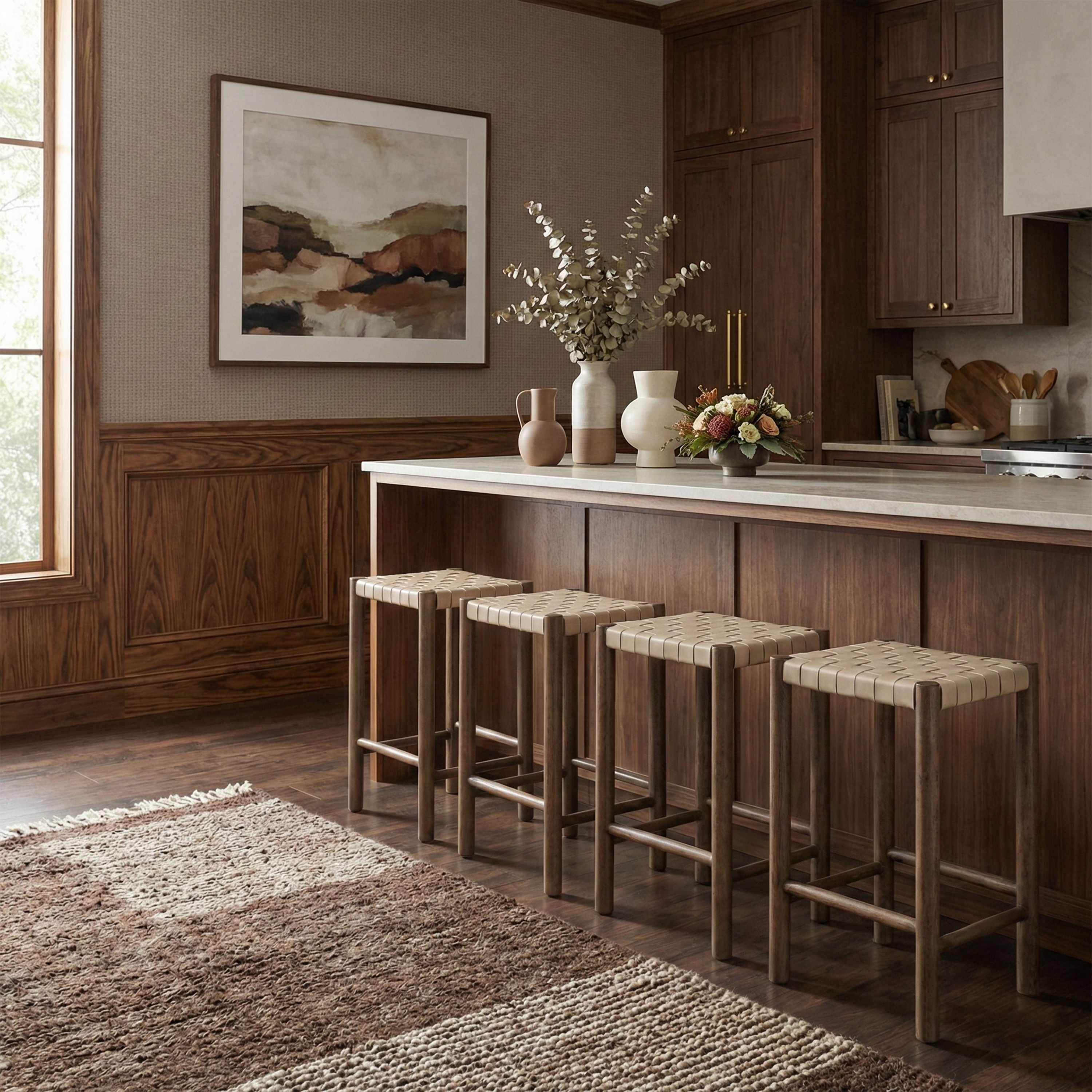 Entwine - Vegan Leather Upholstered Backless Counter Stool - Beige / Painted Brown
