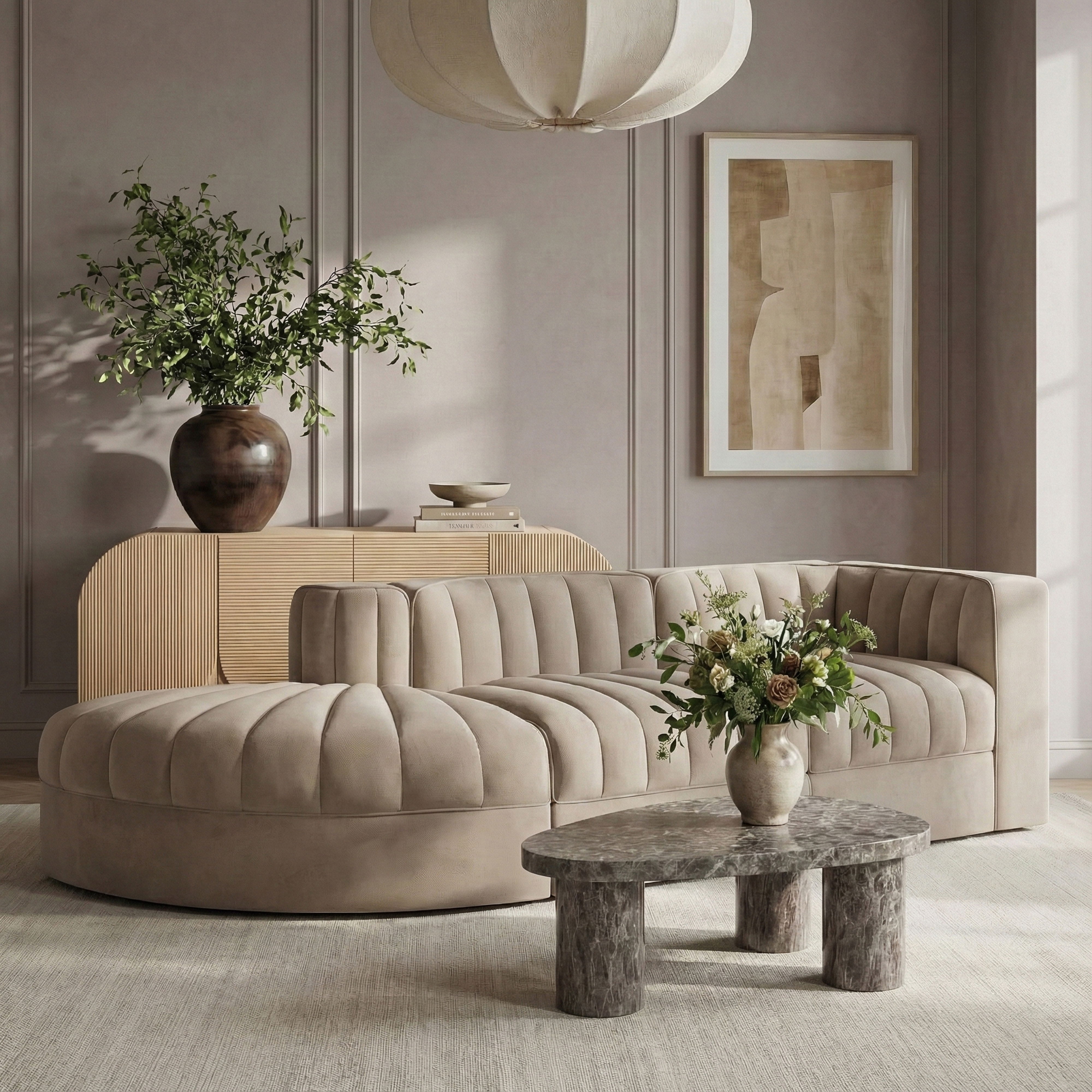 Rummi - Velvet Performance Fabric Upholstered 3 Piece Modular Sectional - Beige