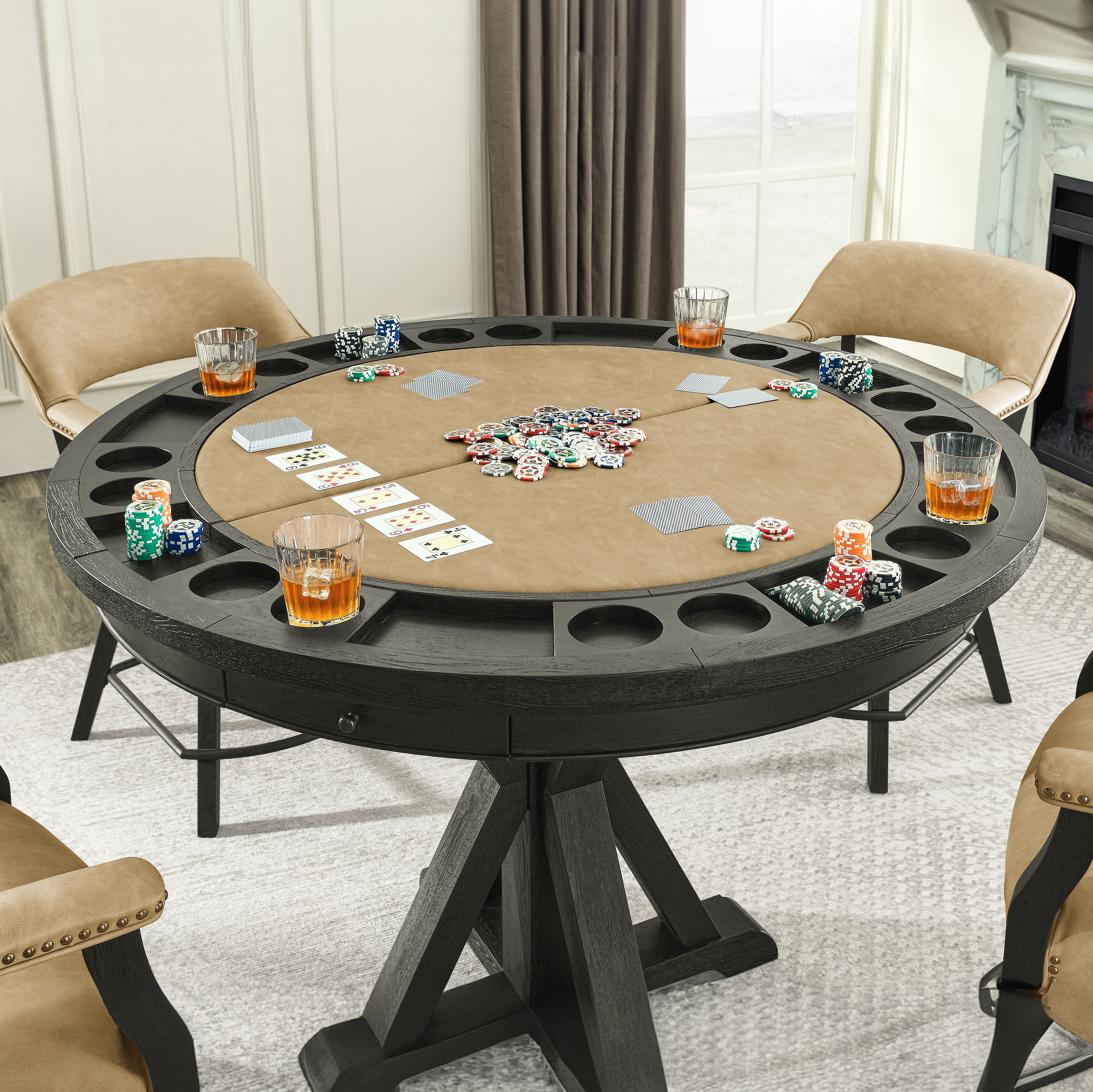 Rylie - Folding Game Table Top Vegan Leather - Black / Sand