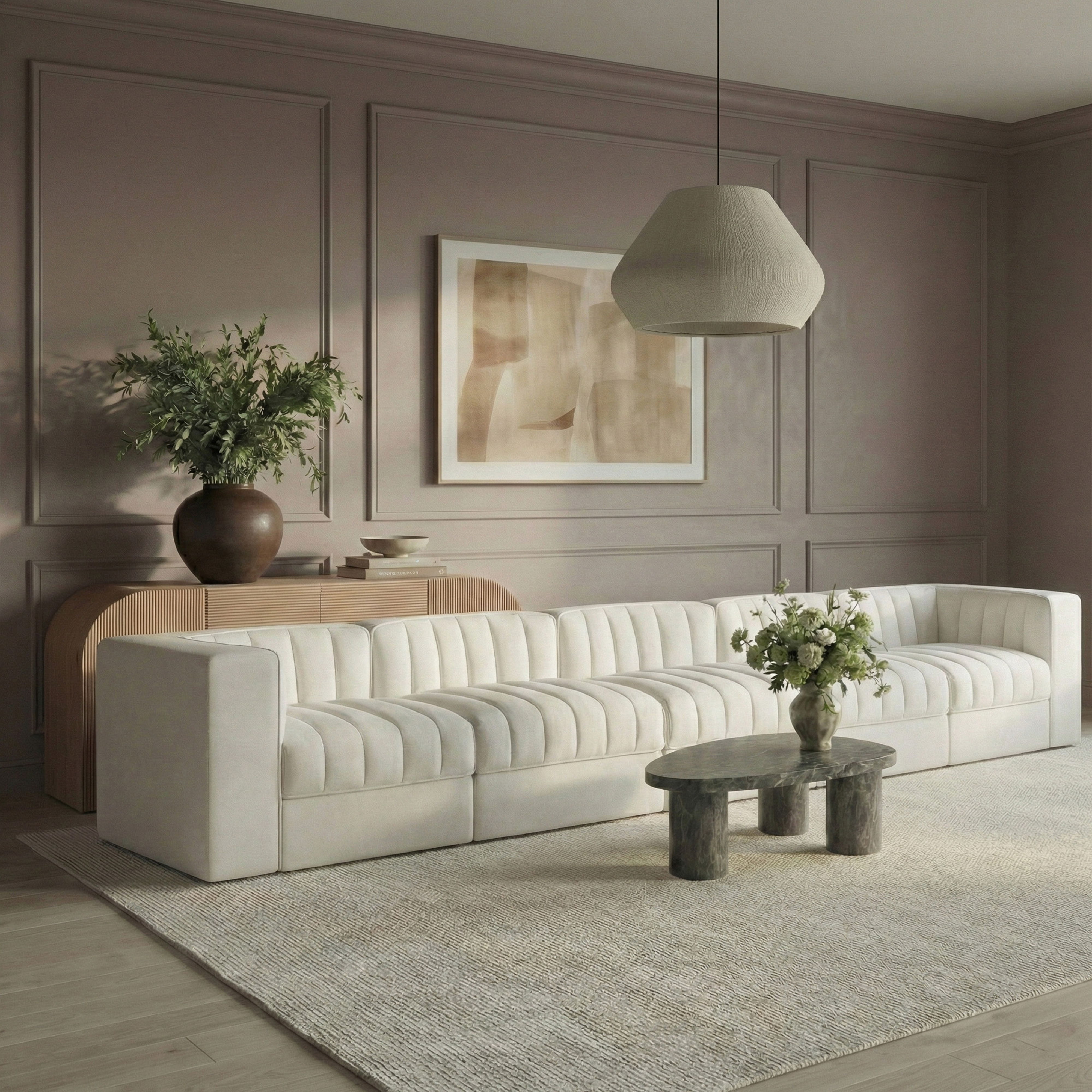Rummi - Velvet Performance Fabric Upholstered 5 Piece Modular Sofa - Cream