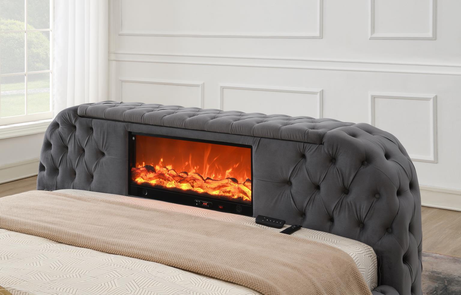 B541 - Velvet King Bed With Fireplace, TV Mount & Bluetooth Speaker & USB, with Type-C Ports - Dark Gray