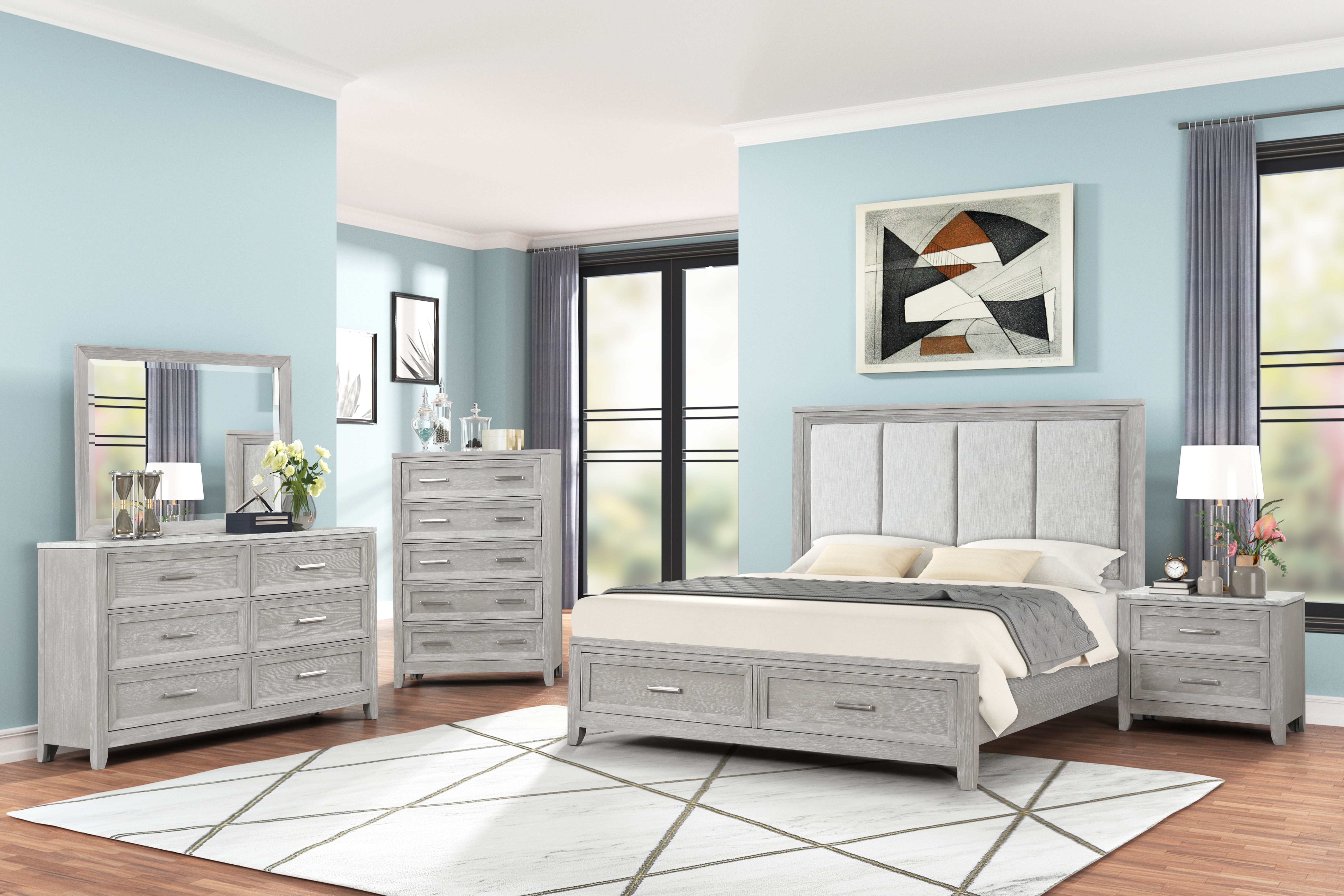 Fiona - 6/6 King 5 Piece Bedroom Set (Bed & Dresser & Mirror & Chest & Nightstand) - Gray