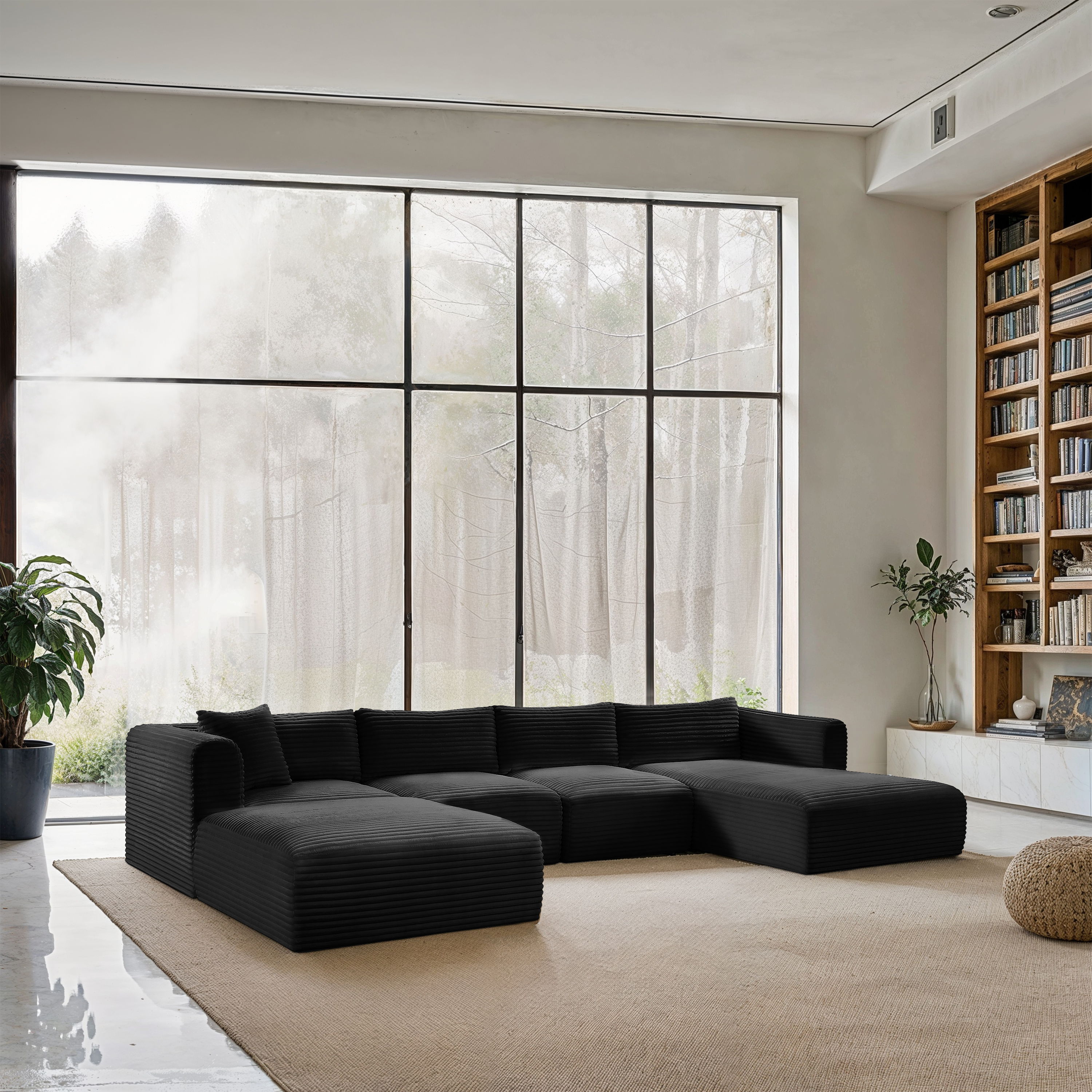 Shaggy - 5 Piece Modular Sectional With Chaise And Ottoman - Black