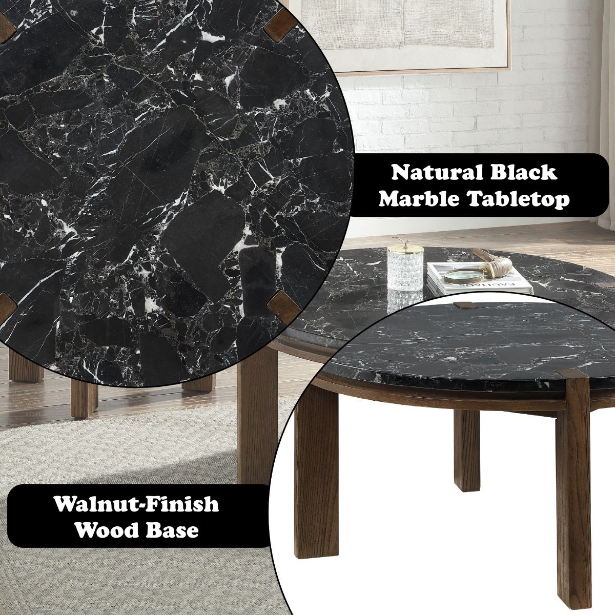 Estella - Coffee Table With Natural Marble Top - Black Top & Walnut, dark brown, view 7