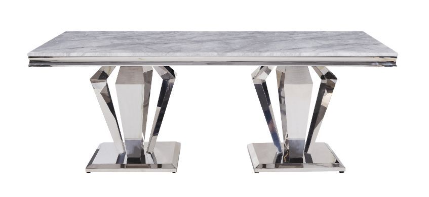 Satinka - Dining Table - Light Gray Printed Faux Marble Top & Mirrored Silver, light gray, view 4