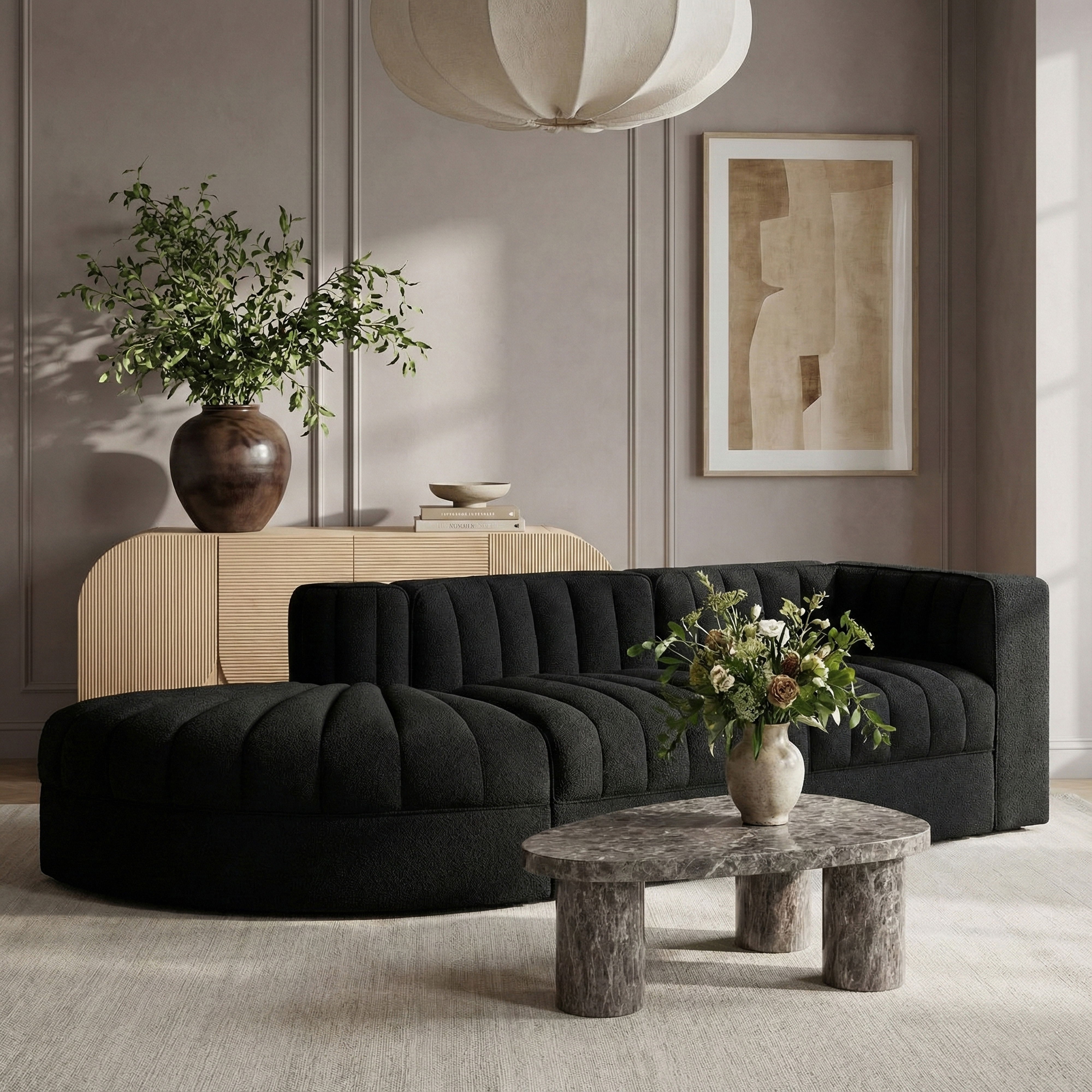 Rummi - Velvet Performance Fabric Upholstered 3 Piece Modular Sectional - Black