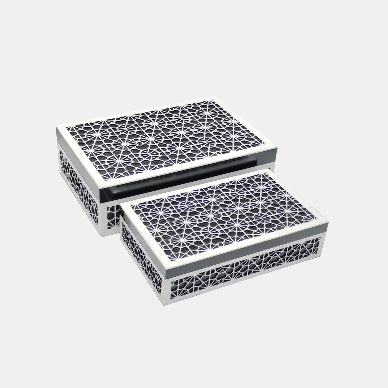 10\" / 12\" Floral Inlay Boxes (Set of 2) - Black / White