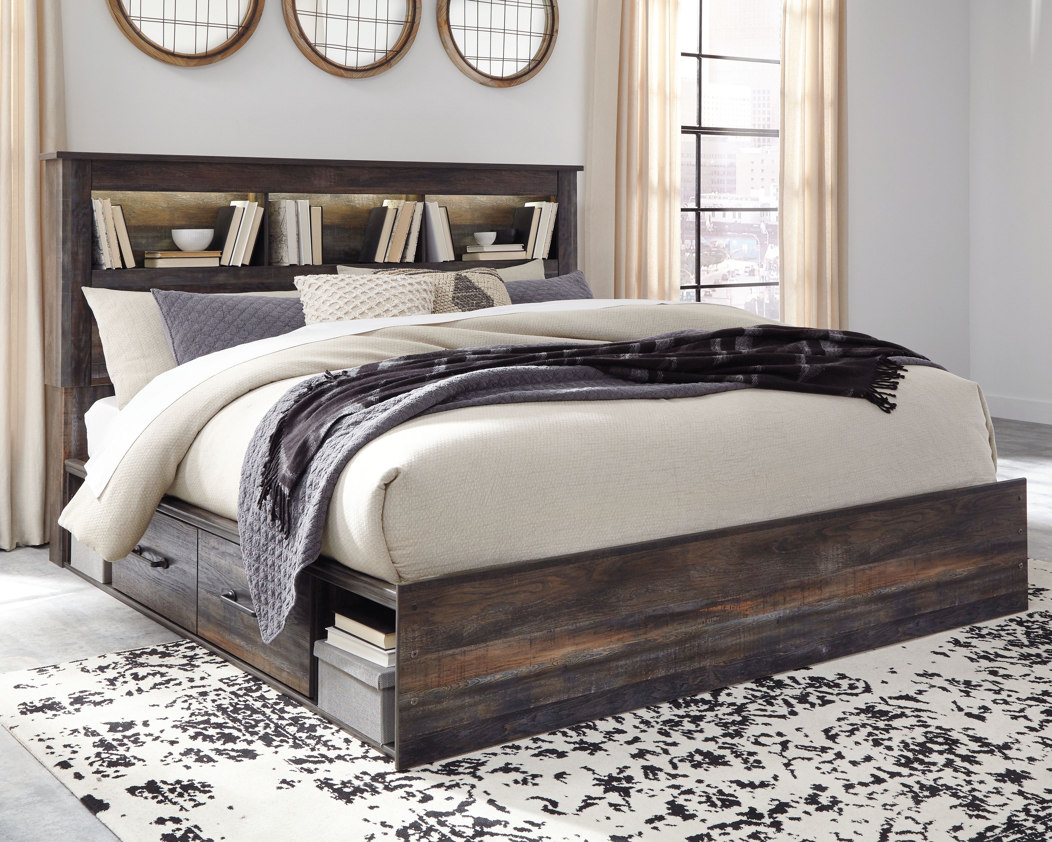 Ashley Furniture Drystan - King Bookcase Bed With 4 Storage Drawers - 9 Pc. - Dresser, Mirror, King Bed, 2 Nightstands - Multi - Image 6