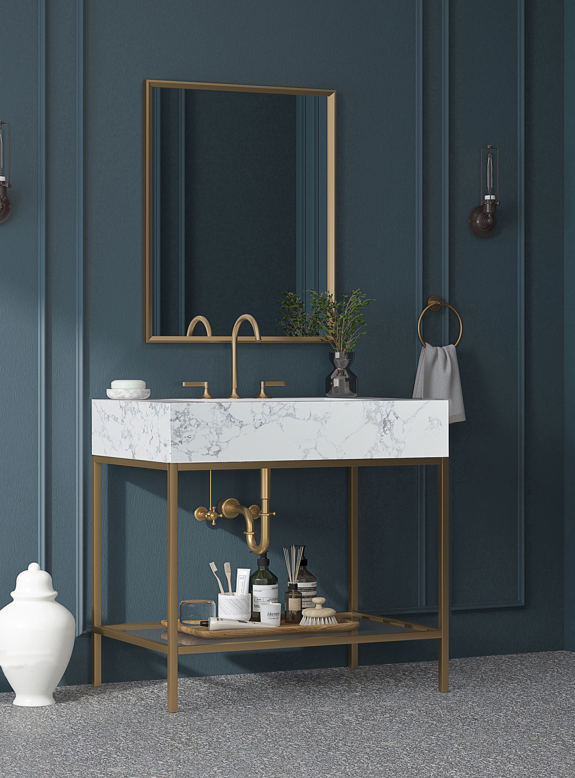 Marmo - 36" Engineered Marble Bathroom Vanity With Gold Base - White