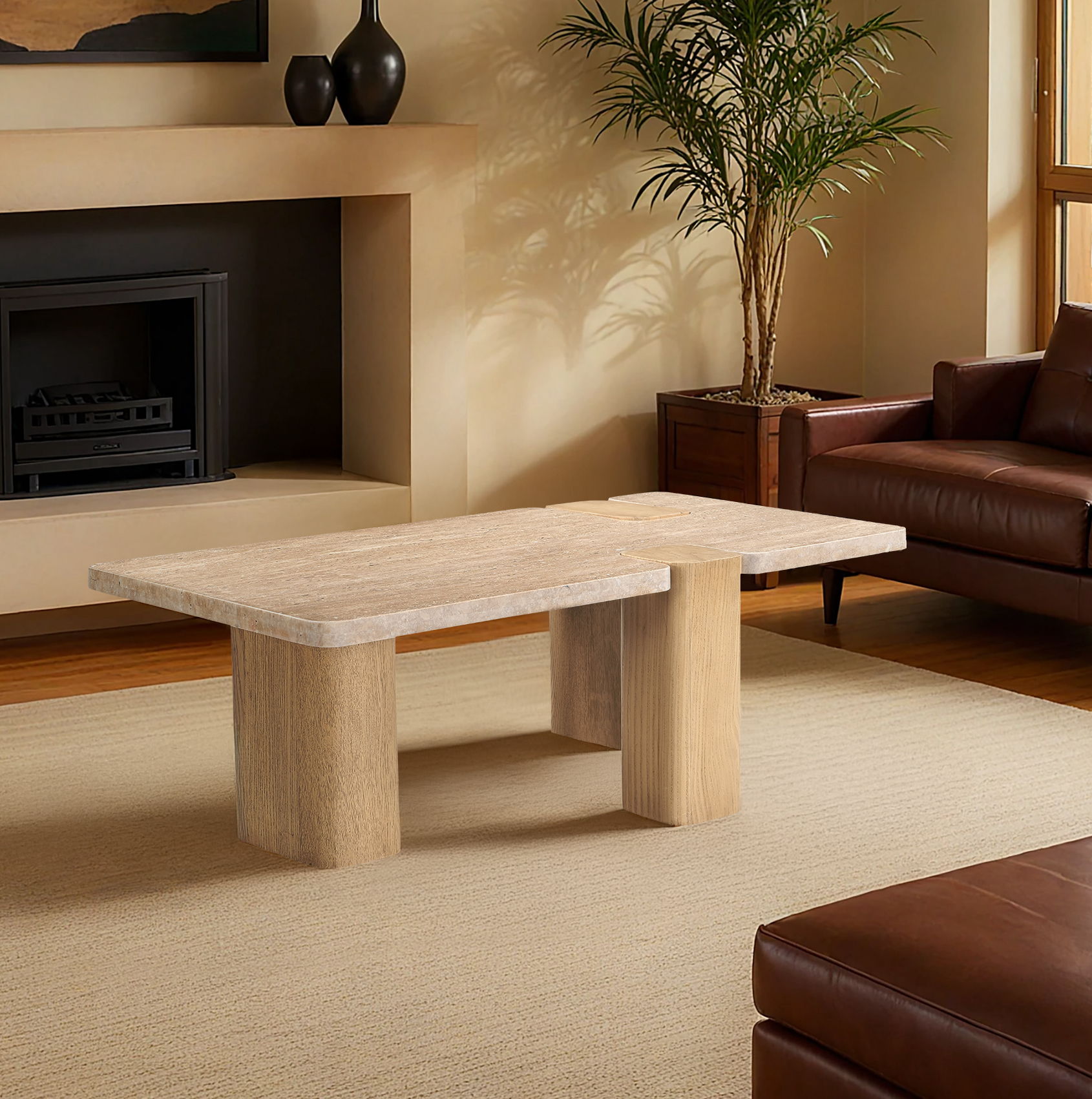 Ravenna - Genuine Travertine and Oak Wood Coffee Table - Natural