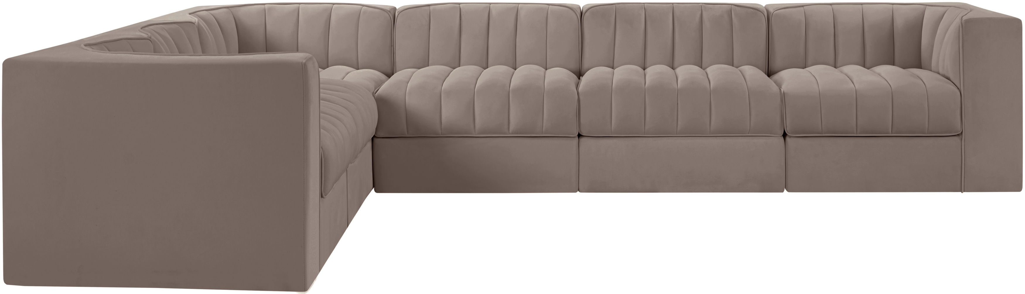 Rummi - Velvet Performance Fabric Upholstered 6 Piece Modular Sectional (With 3 Corner Chairs) - Taupe