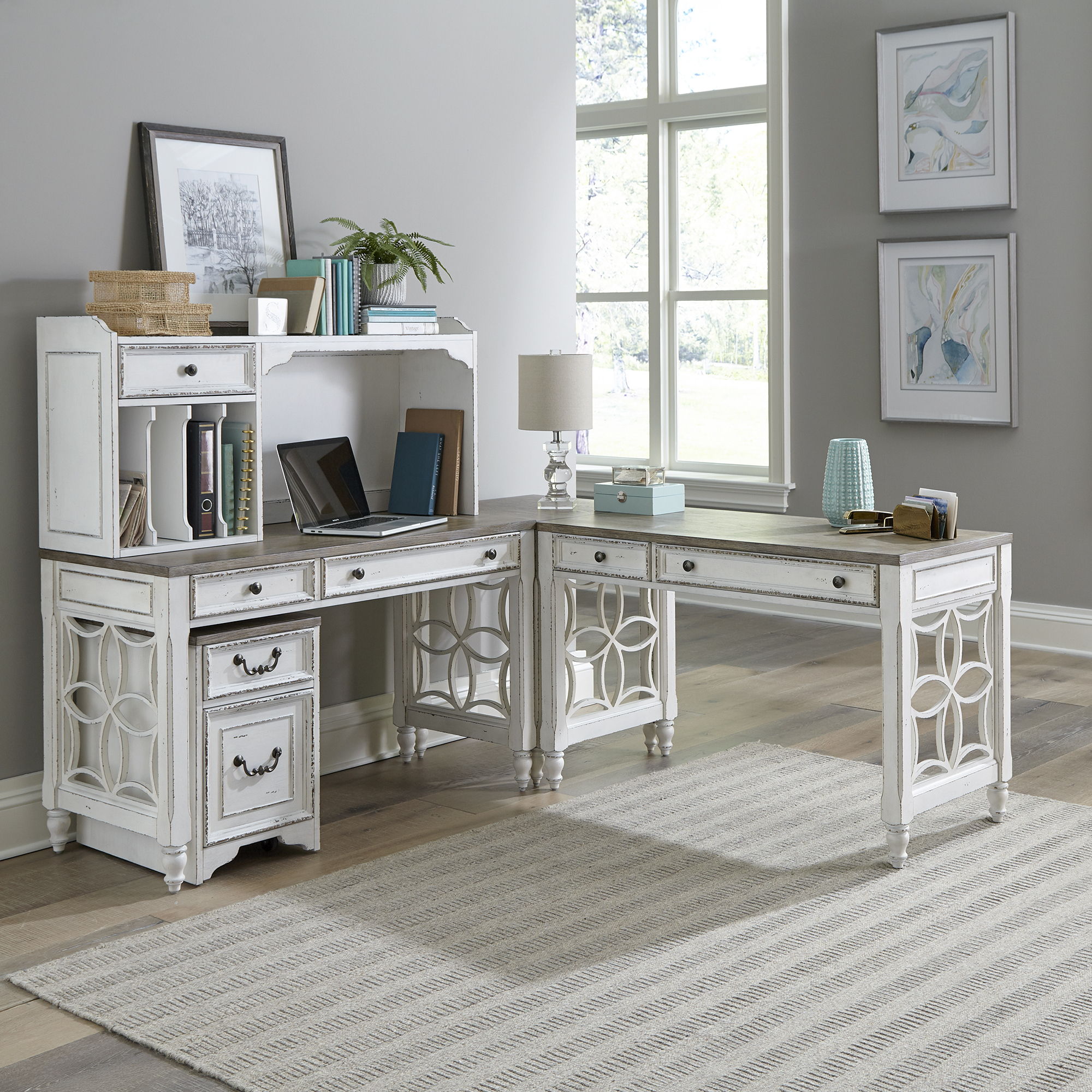 Liberty Furniture Magnolia Manor - 5 Piece Home Office Set (L Shaped Desk & Hutch) - White