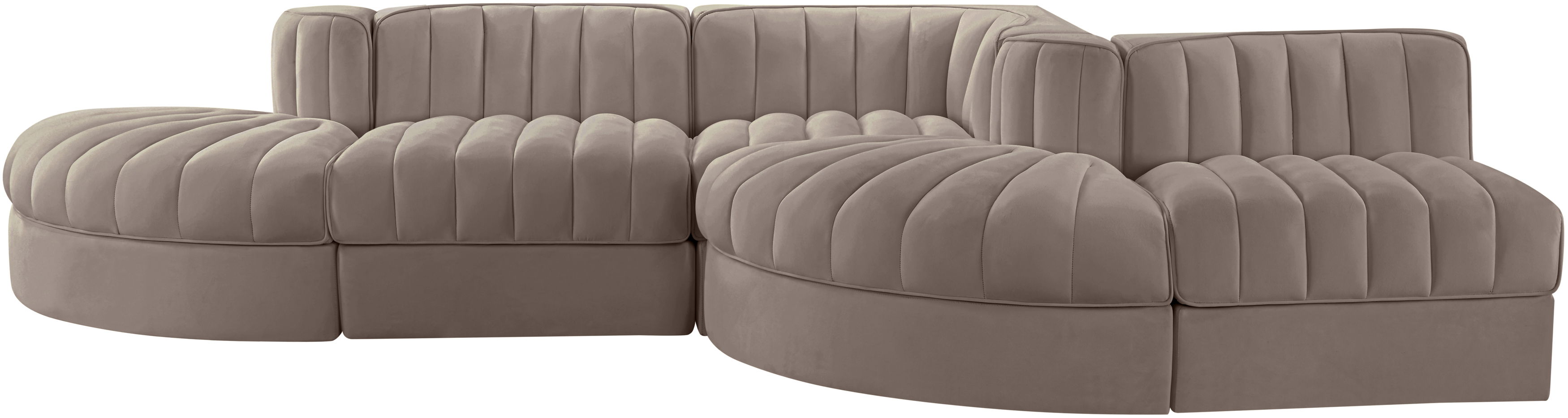 Rummi - Rounded Velvet Performance Fabric Upholstered 5 Piece Modular Sectional - Taupe