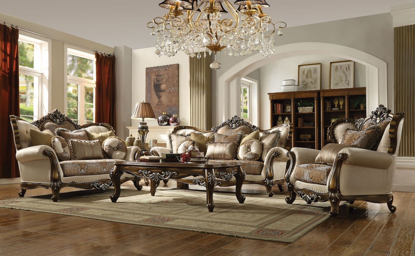 Latisha - Sofa With 8 Pillows (Same Lv01576) - Tan, Pattern Fabric & Antique Oak, beige