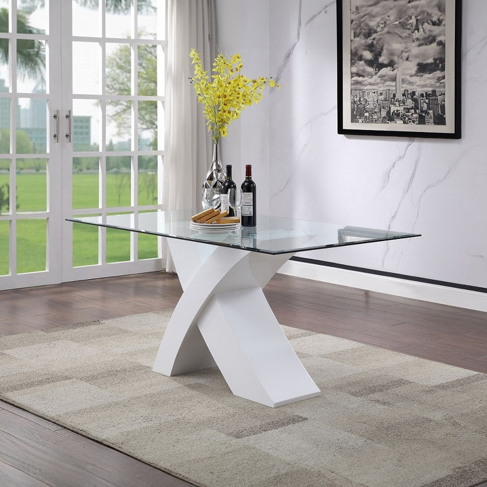 Pervis - Dining Table - Clear Glass Top & White High Gloss, white