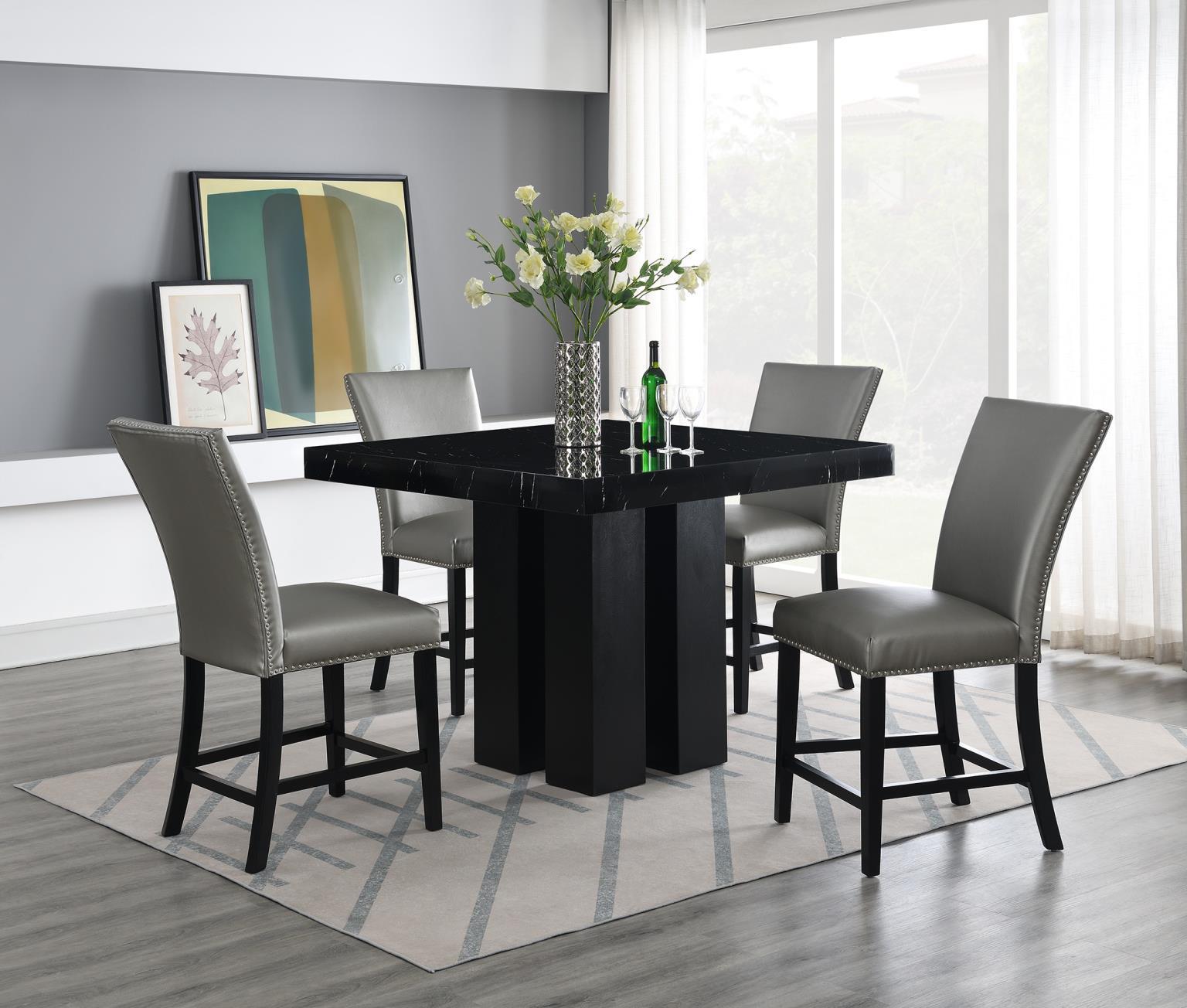 D132 - 5 Piece Dining Room Set (Counter Table, 4 Faux Leather Chairs) - Shimmer Silver / Black