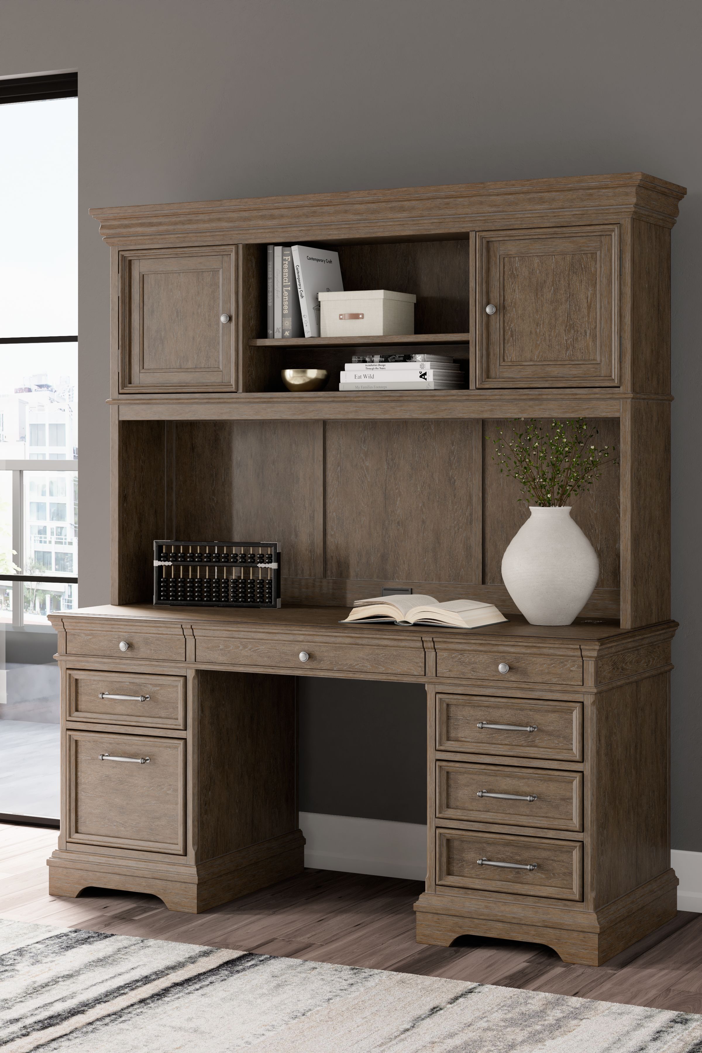 Ashley Janismore - Weathered Gray - Credenza With Hutch